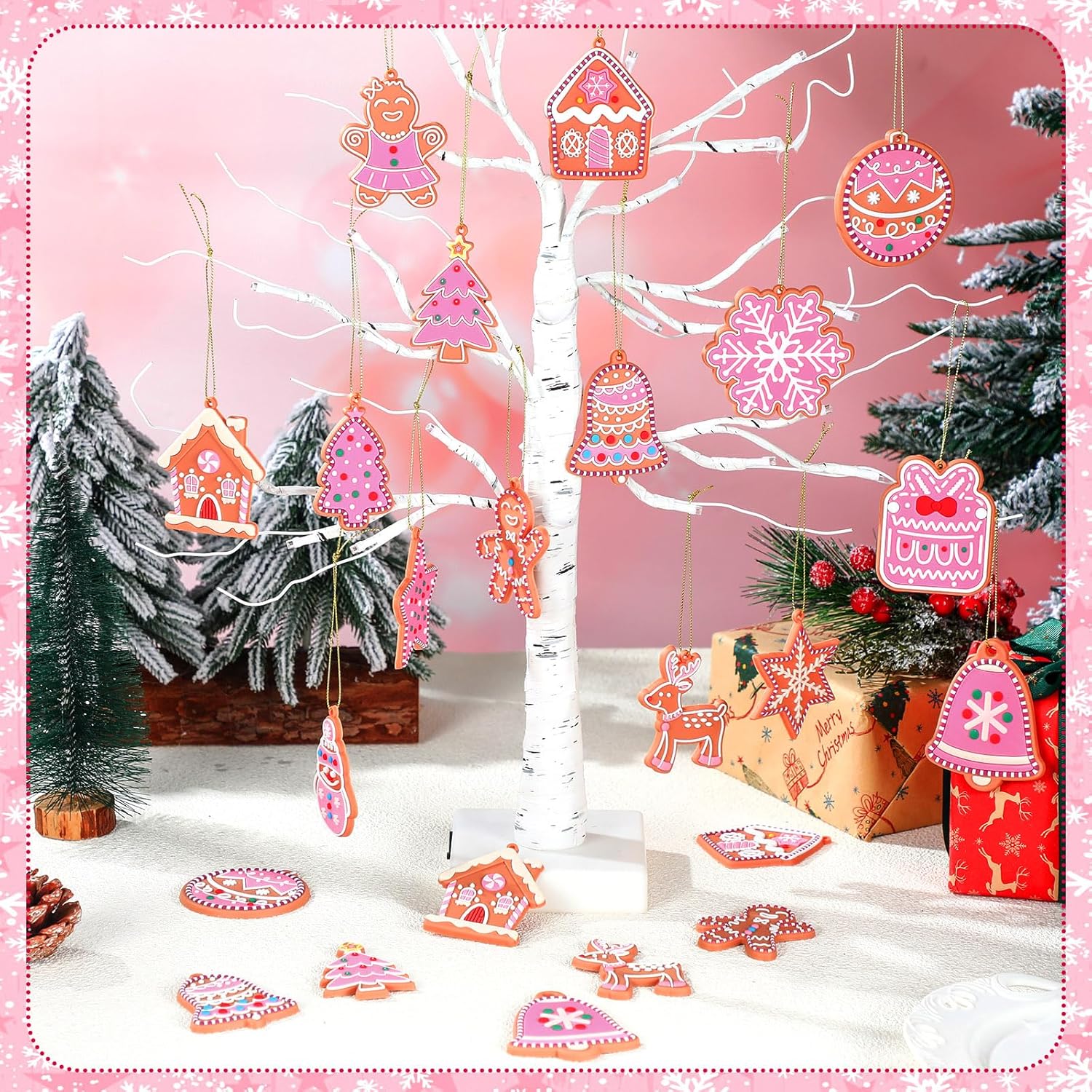 30 Pcs Pink Christmas Gingerbread Hanging Ornaments Pastel Gingerbread Ornaments Soft PVC Christmas Tree Wall Hanging Decoration for Xmas Party Office Home Decor Winter - Image 5
