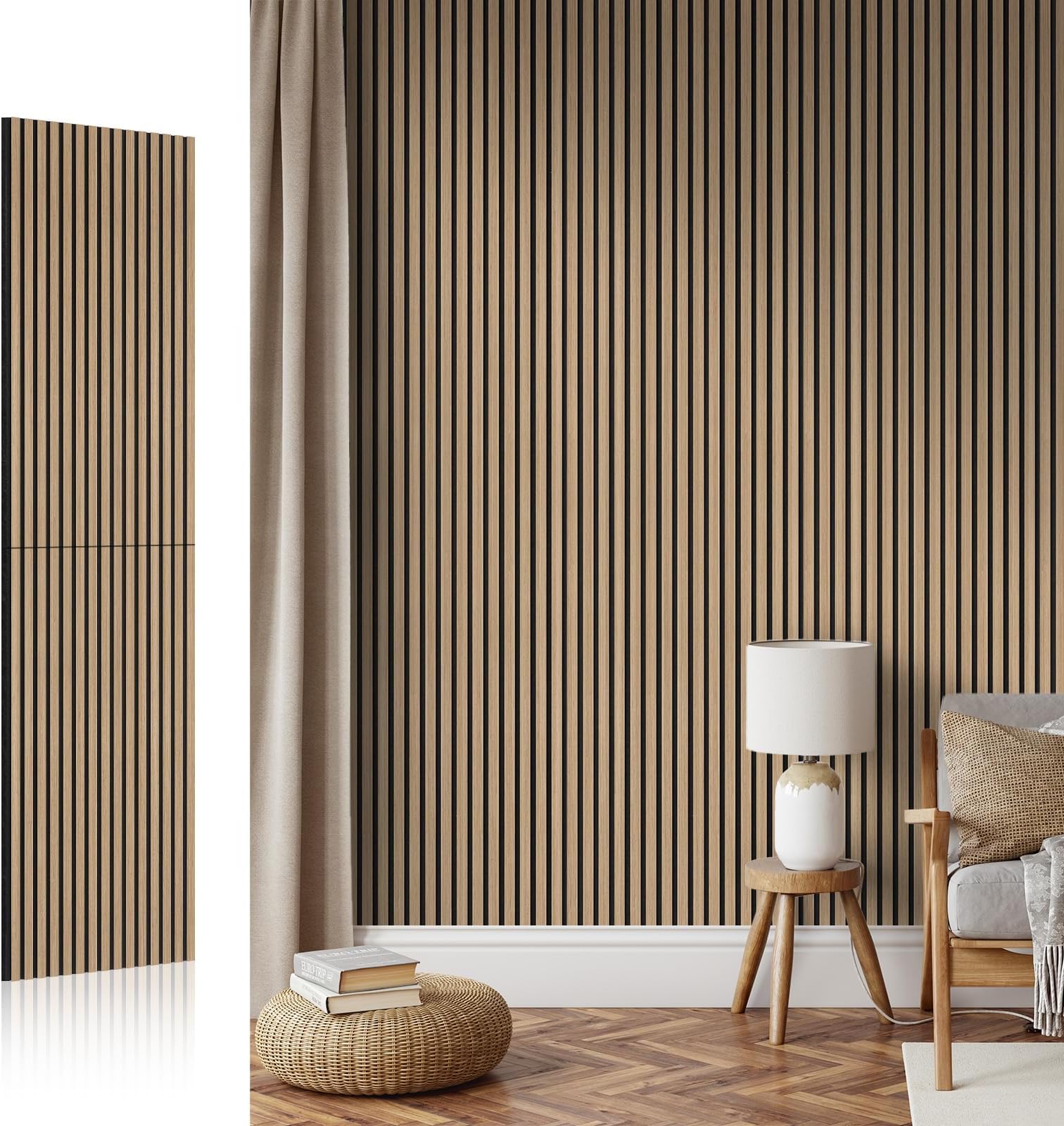 AKK-Star Wood Slat Acoustic Panels,Foldable 3D Textured Noise Reduction Wall Panels โ Soundproof for Living Room, Studio, Office, 16# Oiled Oak(1 Pack, 94.4"x23.6"x0.7", 15.5ftยฒ)