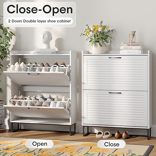 Miniatura 4 de Maupvit Armario de almacenamiento de zapatos con 2 puertas abatibles, organizador independiente con patas de metal, zapatero para entrada, armario