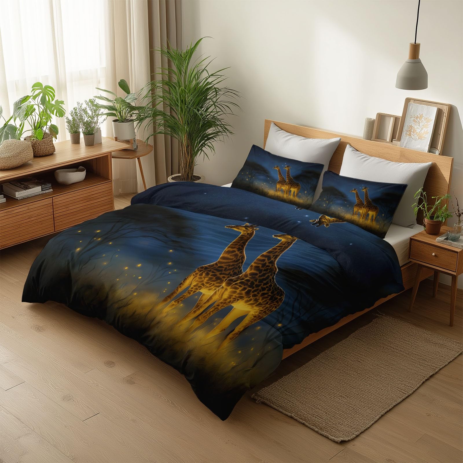 Generisch Niebieska pościel 220 x 240 cm, poszewka na kołdrę z mikrofibry z zamkiem błyskawicznym – sztuka cyfrowa, gwieździsta łąka, żyrafa, oddychająca poszewka na kołdrę, zestaw 3-częściowy, dla