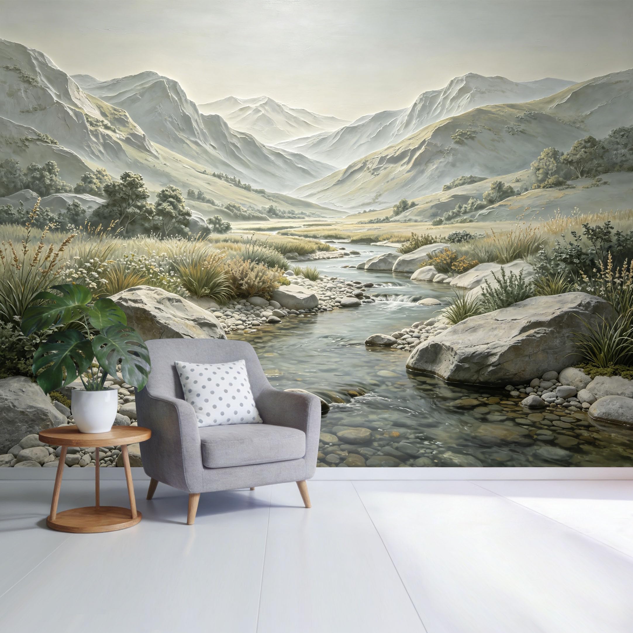Custom Size Wall Mural Mountain Valley Stream Landscape with Rocks and Greenery Natural Scenery SelfAdhesive Wall Fabric Removable Wallpaper for Home Office Decor