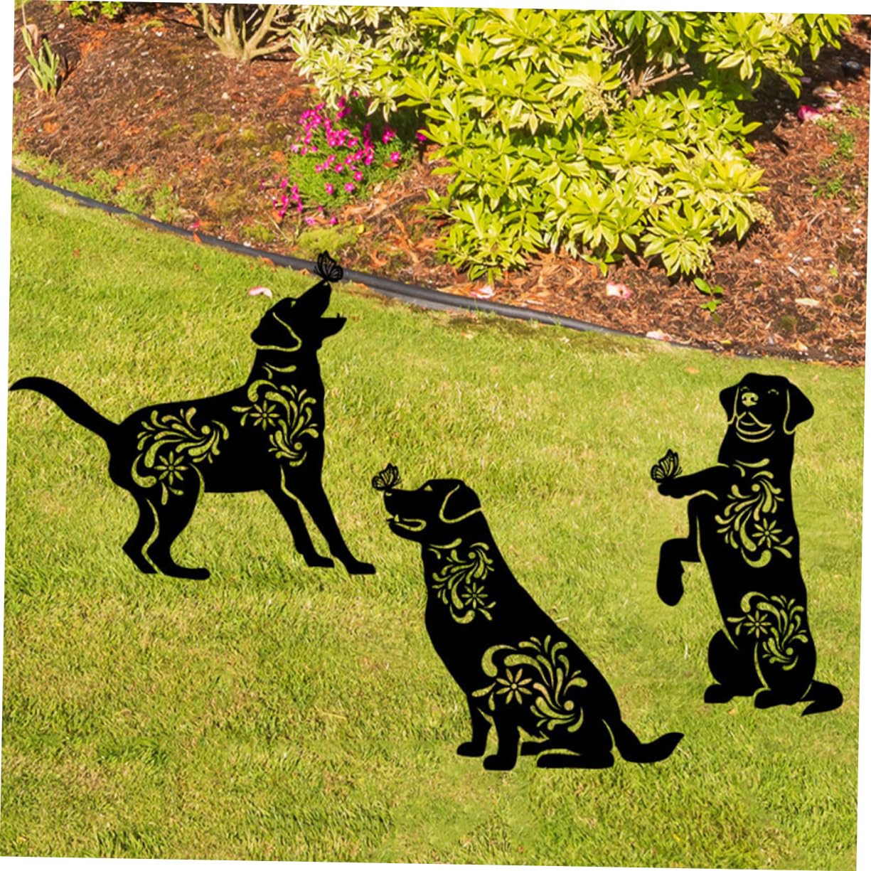 3 Stück Hunde Gartenstecker aus Eisen Schwarz, Robuste Tierdeko für Garten