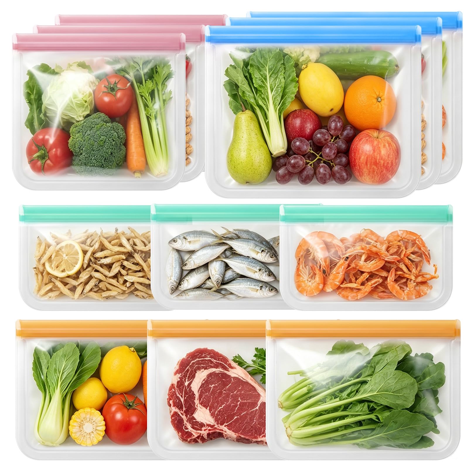 12PCS Reusable Silicone Freezer Bags, BPA Free Ziplock Bag for Food Storage