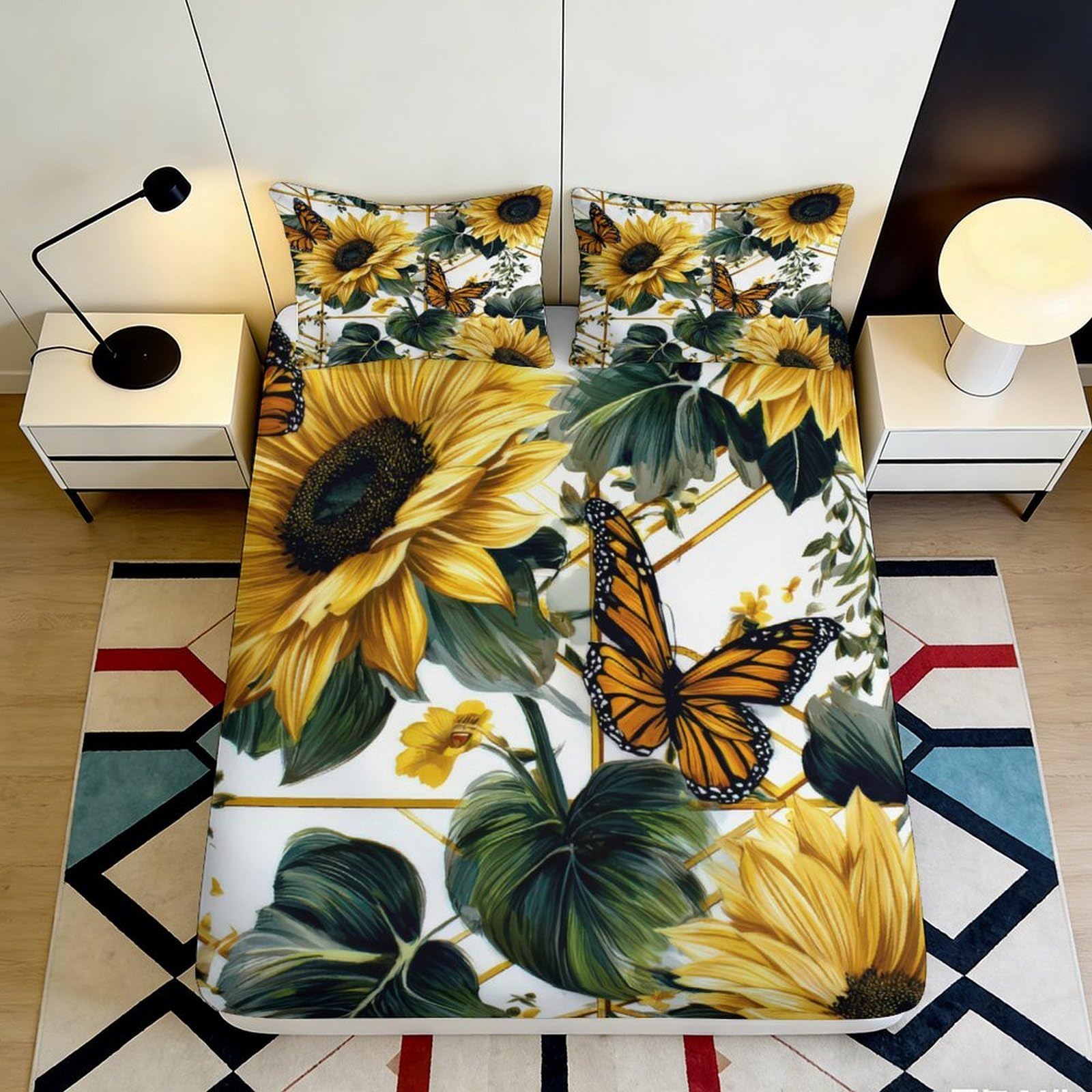 3D Printed Sunflower Fitted Sheet Microfiber Durable Breathable Butterfly Bed Cover for Bedroom Dorm Dormitory Guest Room Mattress Protection 120x200x25cm