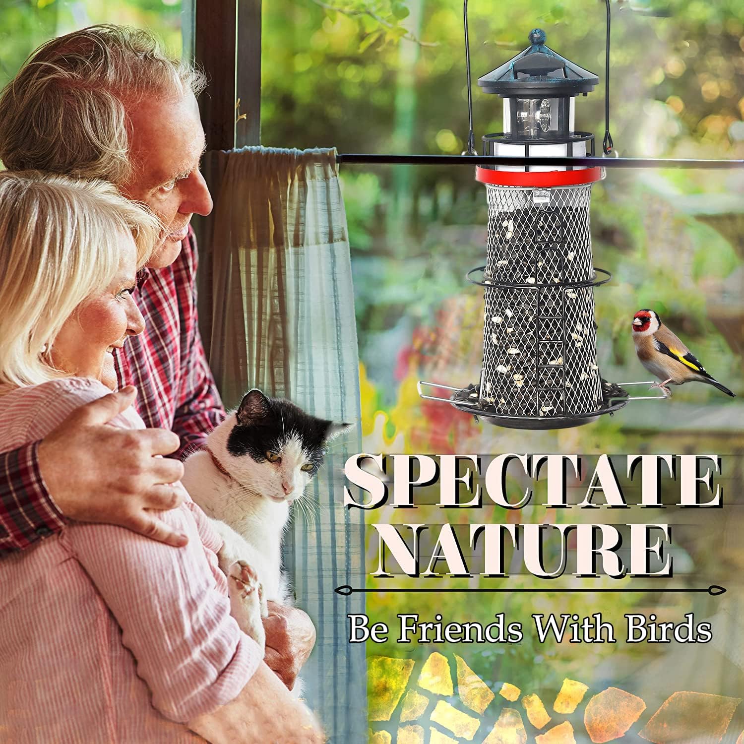 Solar Lighthouse Bird Feeder with Rotating Beacon - 14" Hanging Best Birdfeeder Gifts for Bird Lovers(Retro Black).