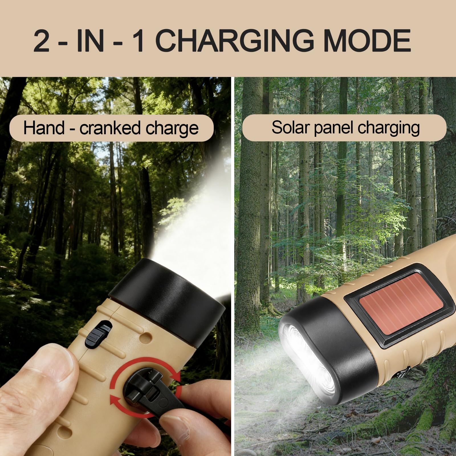 Portatile con Batteria Solare Ricarica Tascabile,Torcia Elettrica LED, Torcia Dinamo Ricaricabile a Manovella, Mini Professionale con Moschettone per Campeggio Trekking Emergenza(Marrone)
