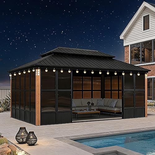 PURPLE LEAF 12' X 18' Sunroom Patio Hardtop Gazebo Double Top Galvanized Steel Screen House Aluminum Sun Room Outdoor Solarium for Garden Backyard and 36 Solar String Light