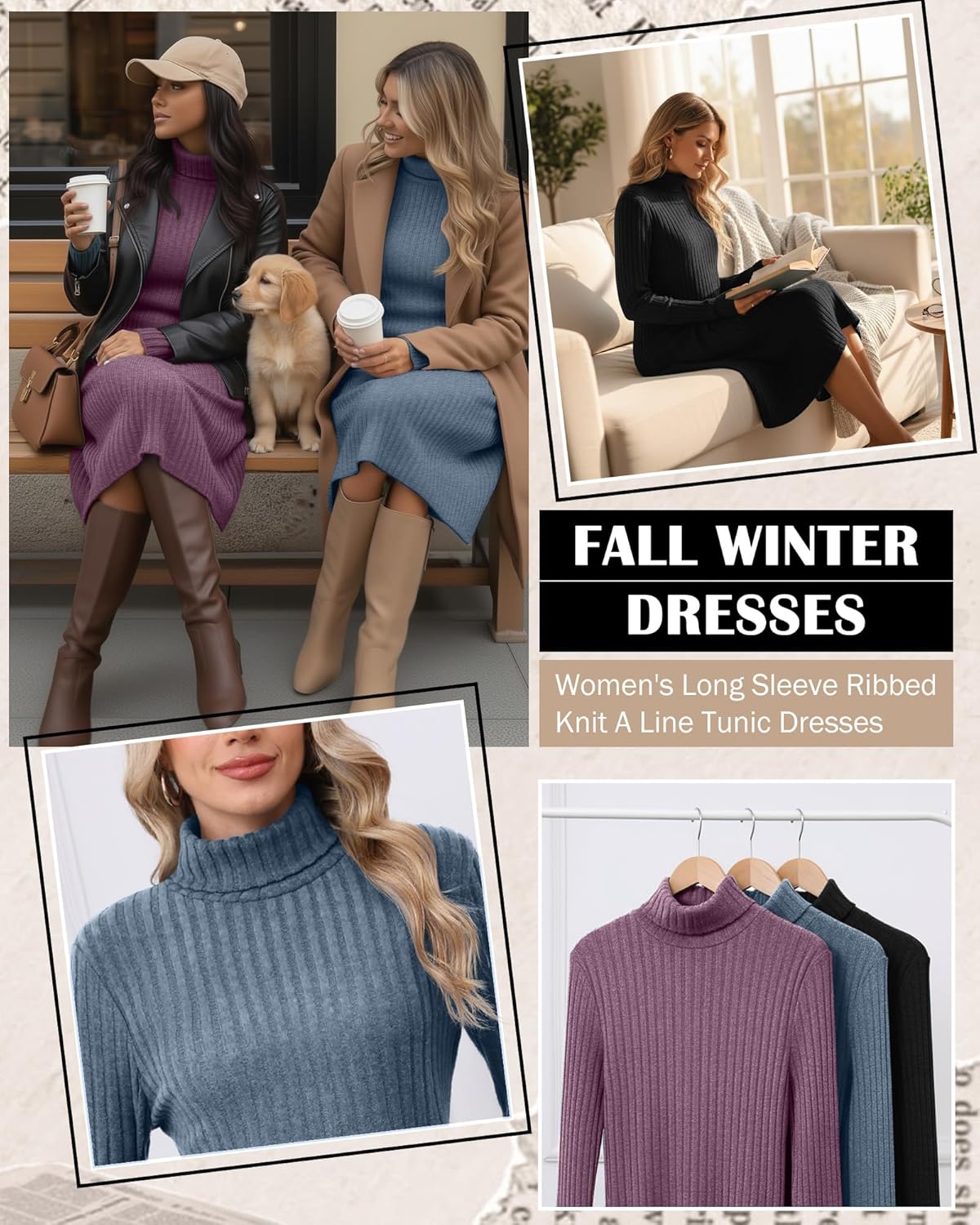 3 Pack Women's Turtleneck Sweater Dress Long Sleeve Casual Fall Winter Ribbed Knit A Line Tunic Dresses - Image 3