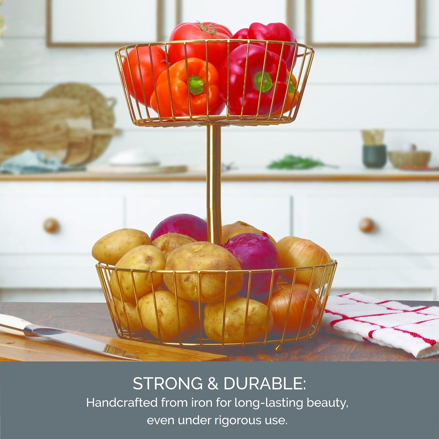 Gourmet Basics by Mikasa Geneva 2-Tier Countertop Fruit Basket Gold-Finish Metal Storage Stand for Kitchen Countertop Organization, Produce Display