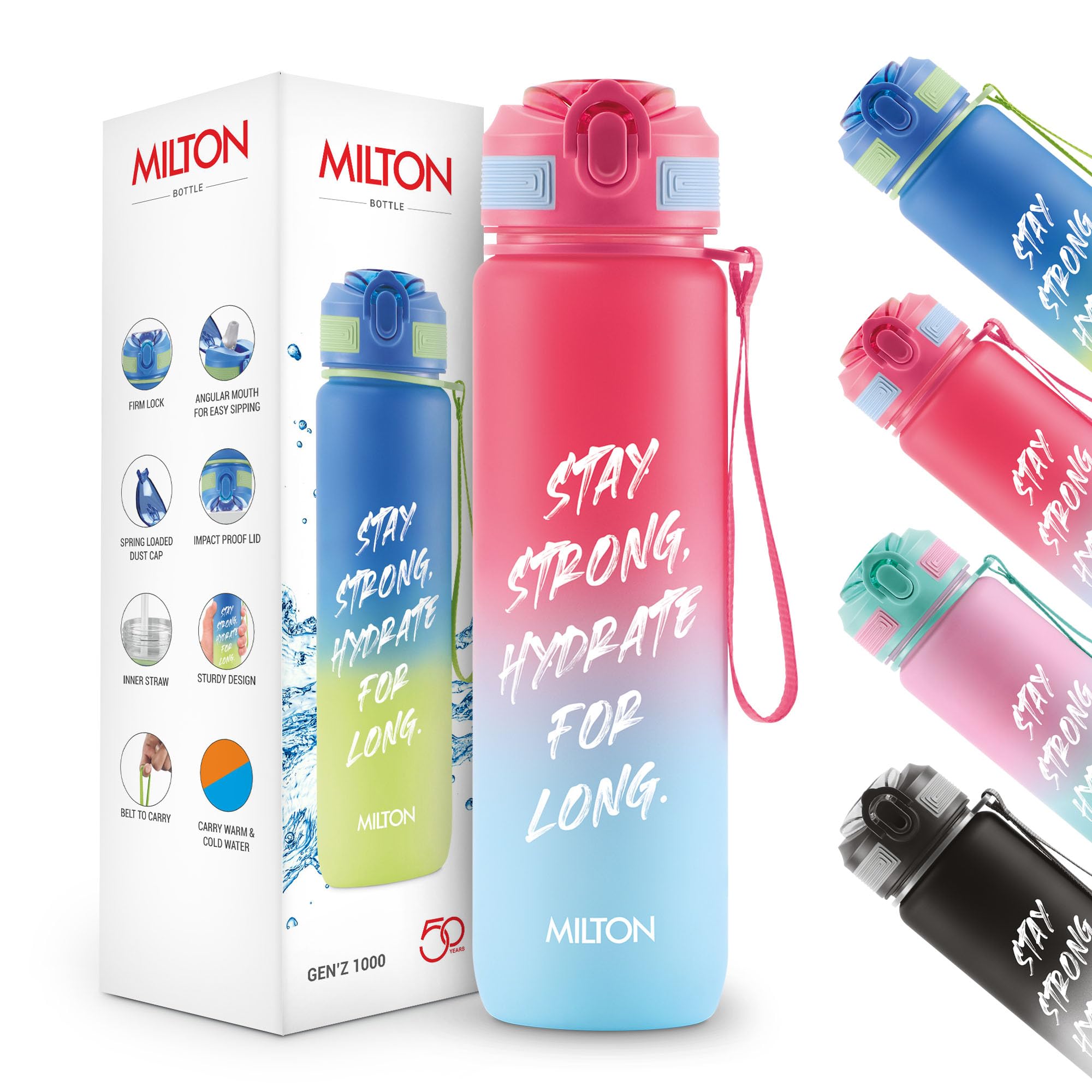 MILTON Gen'Z Motivierende Wasserflasche aus Kunststoff, 1000 ml (Stay Strong), Trinkflasche für Erwachsene, Kinder, unzerbrechliche Wasserflasche mit Kapazitätsmarkierung, Büro, Schule, Zuhause, Rot