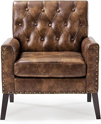 LUE BONA Yellowish Brown Faux Leather Accent Chairs Set of 2 18.5" H, Button Tufted Arm Chairs, Comfy Living Room Chair with Arms, Upholstered Modern Armchair for Living Room, Bedroom