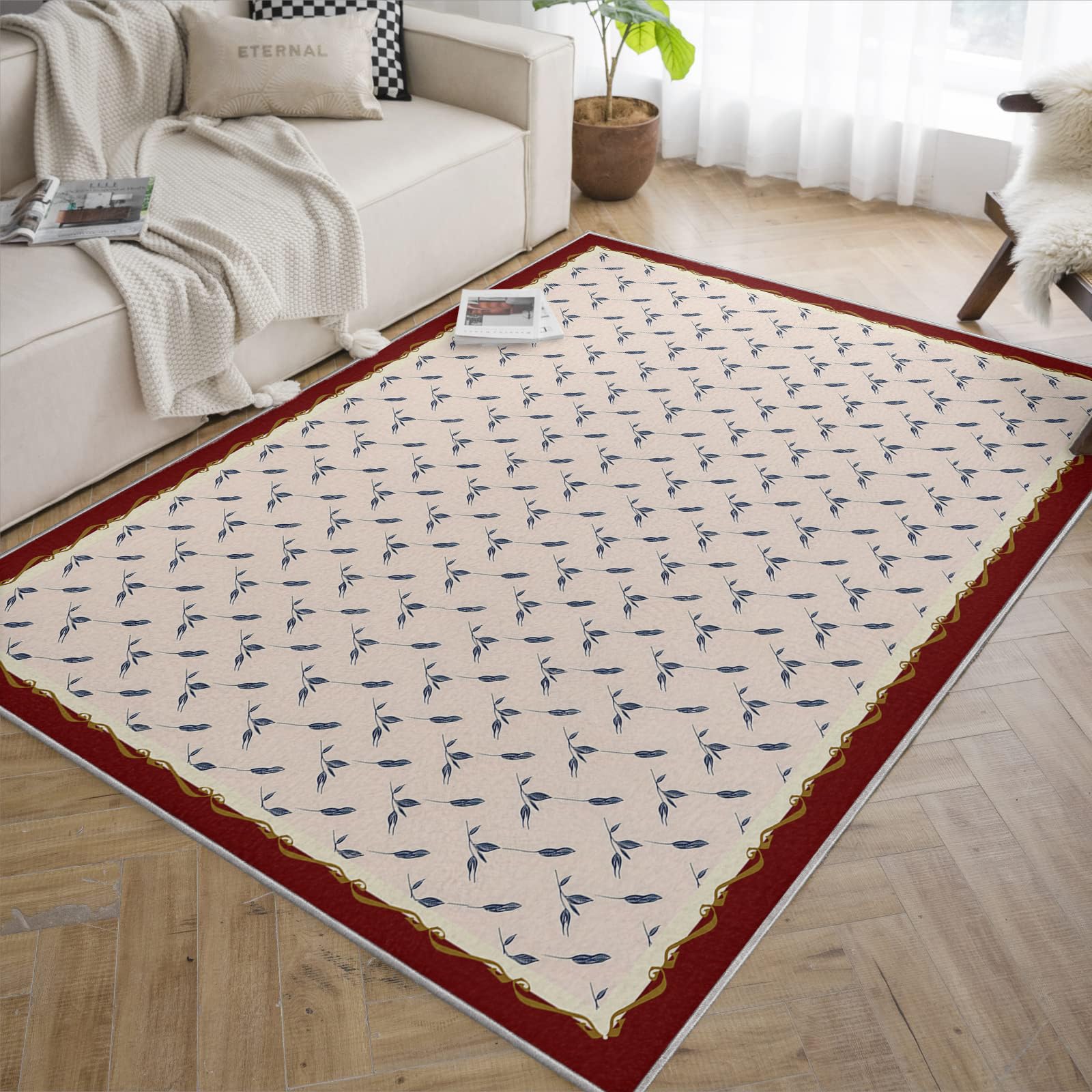 Tapis lavable 160x200cm à motif plantes florales minimalistes pour chambre et cuisine