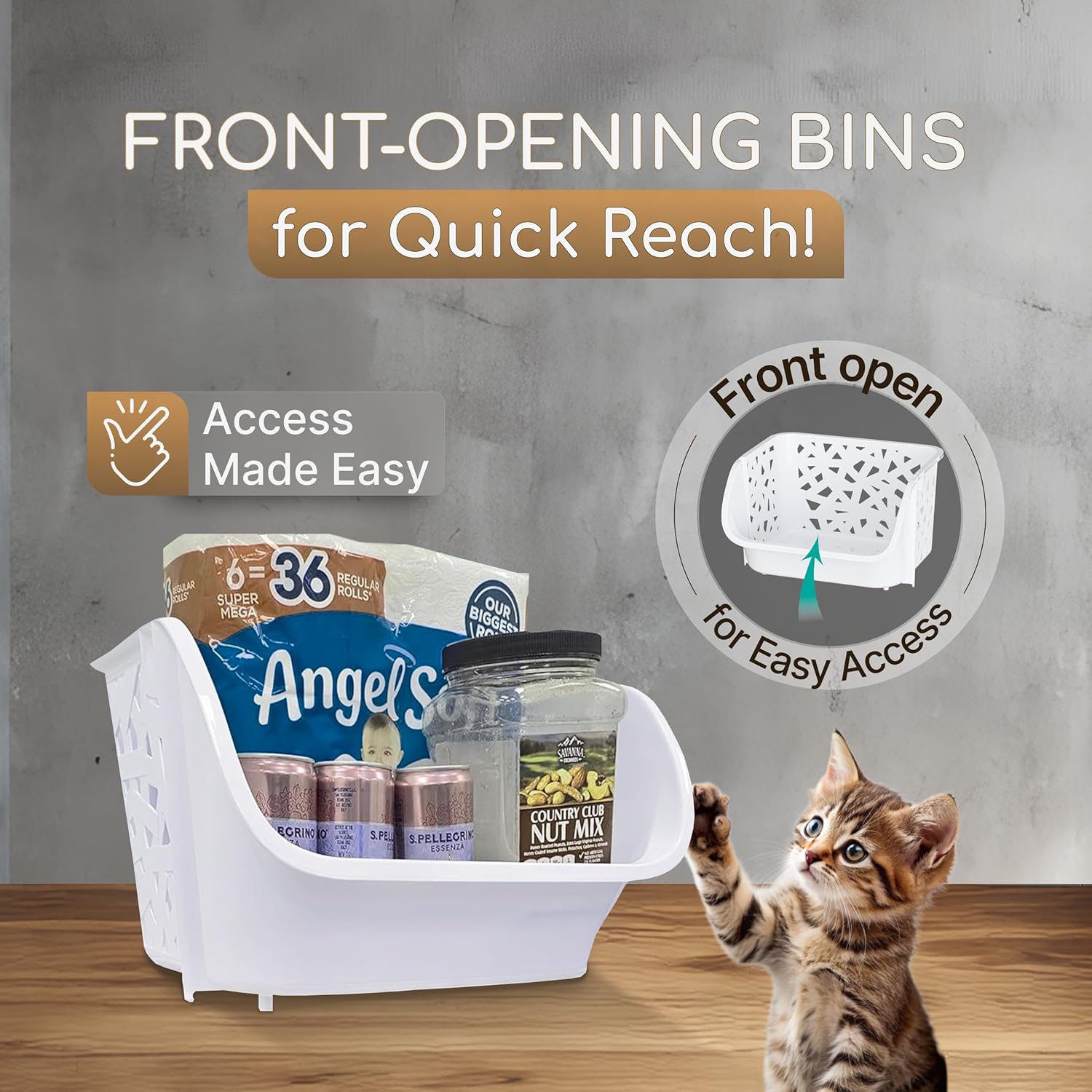 Skywin TidyFriend Plastic Stackable Storage Bins for Pantry -4 Pack Stackable Bins For Organizing Food, Kitchen, and Bathroom Essentials (White)