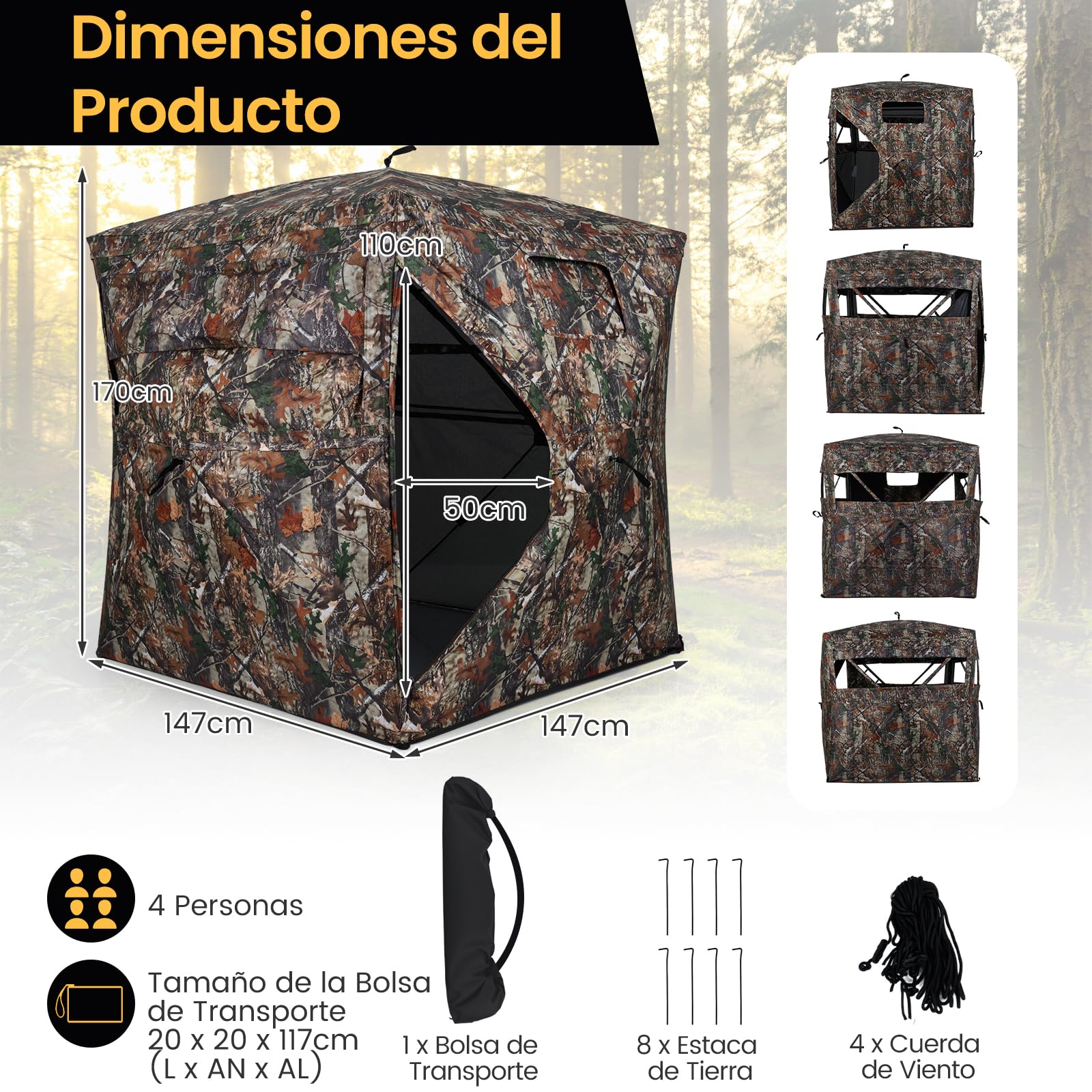 COSTWAY Persiana de Caza Portátil, Vista de 360°, Puesto de Caza para 4 Personas, Ventanas de Deslizamiento Silencioso, Bolsa de Transporte, Carpa Plegable Portátil, Camuflaje