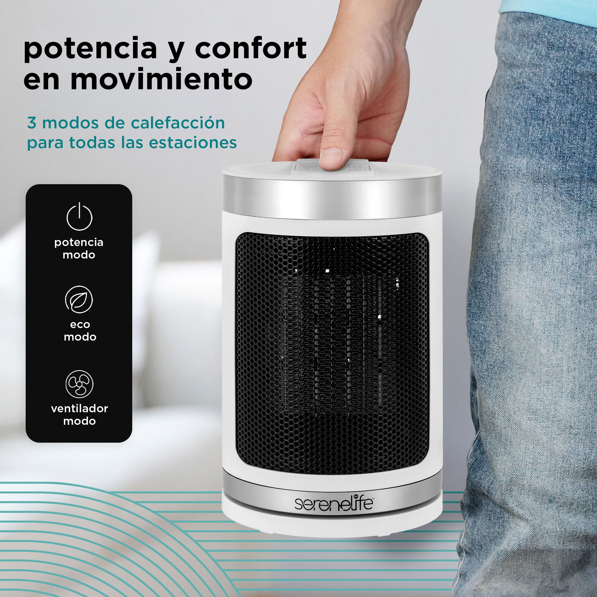 SereneLife Calefactor Eléctrico Cerámico PTC 1500W, Eficiencia Energetica, WiFi  Via Aplicacion Movil, Termostato Digital, Control Remoto, Temporizador de 12 Horas