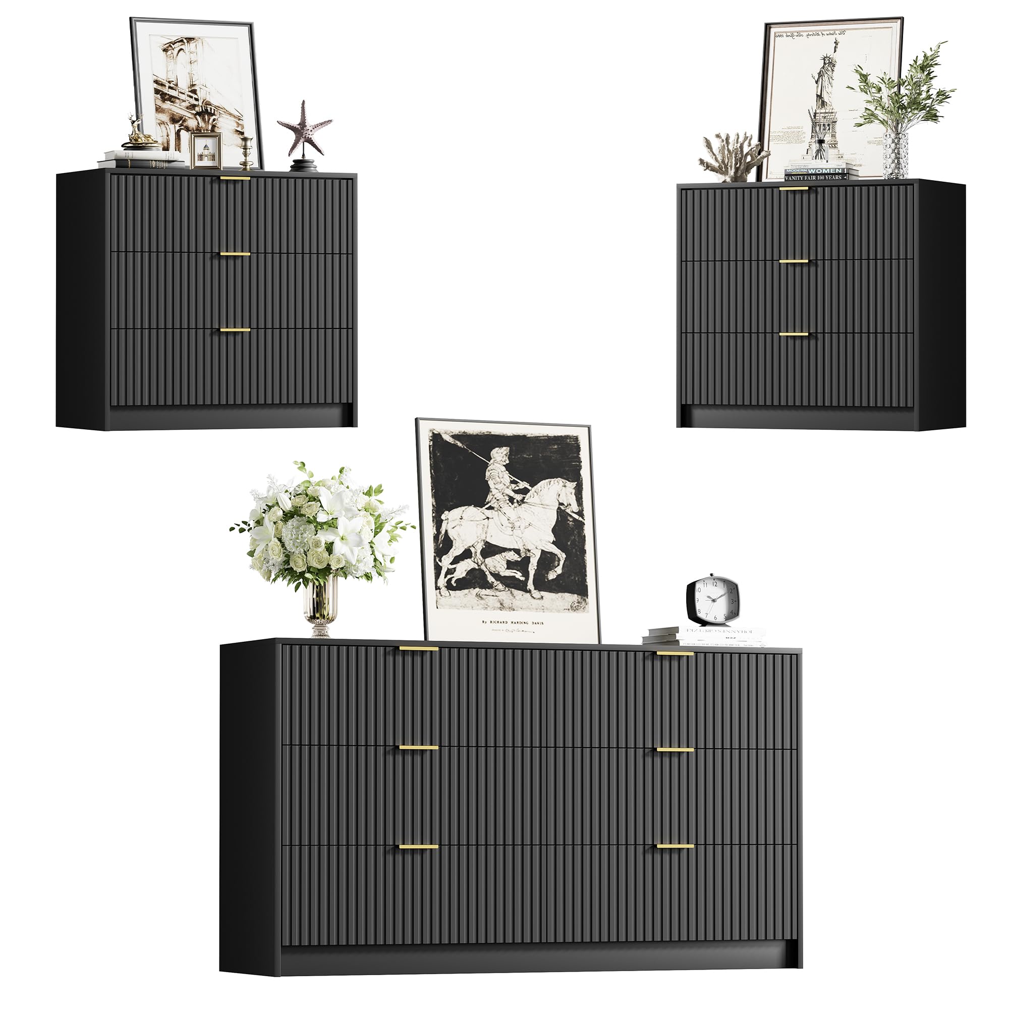 3 Piece Modern Bedroom Set, 6 Drawer Dresser with 2 Nightstands, Black