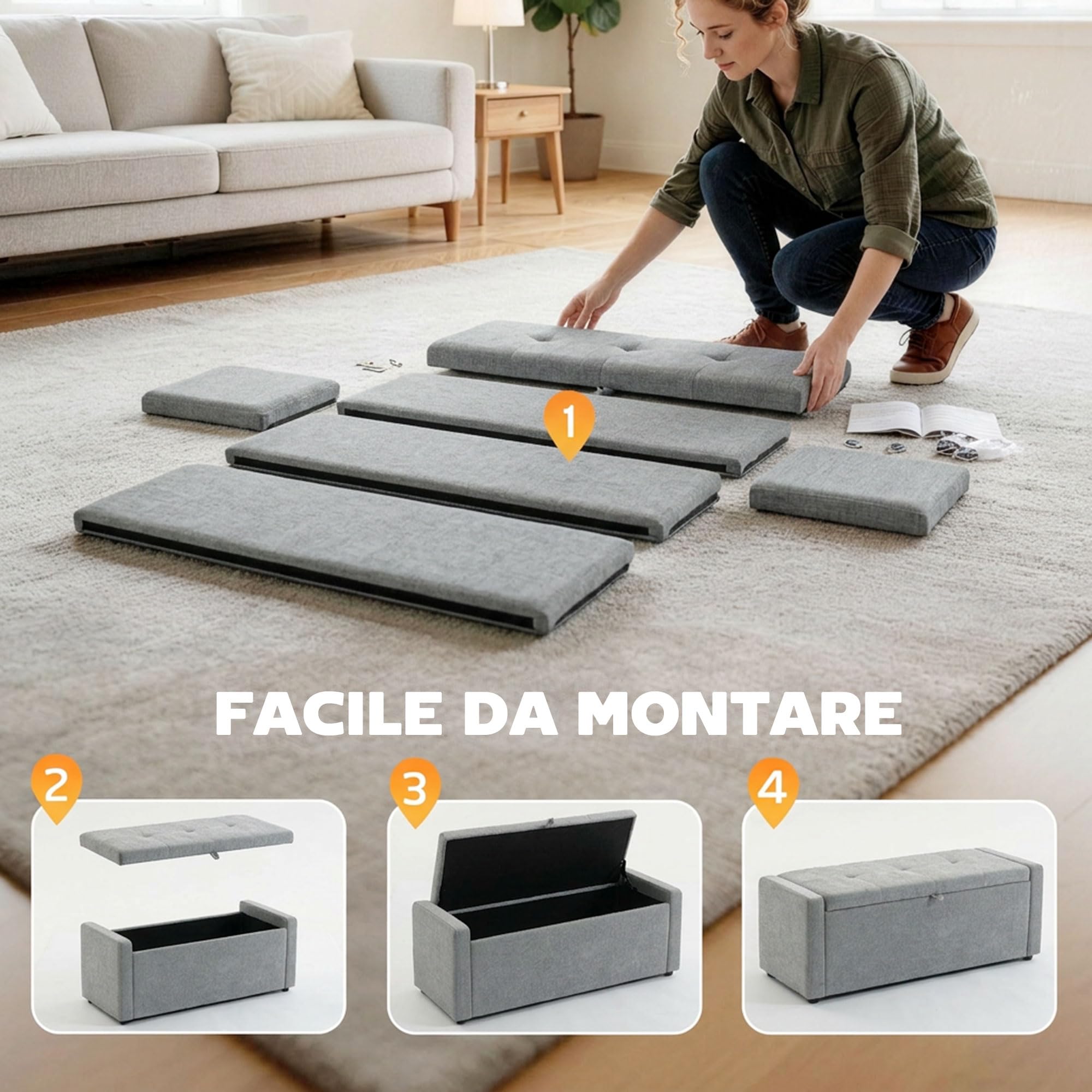 HOMCOM Cassapanca 142L Pouf Contenitore Poggiapiedi Grande 122x48x44cm, Seduta Imbottita 2 Posti, Panca Contenitore Effetto Lino, Struttura in Legno, 200 kg, Camera da Letto, Soggiorno