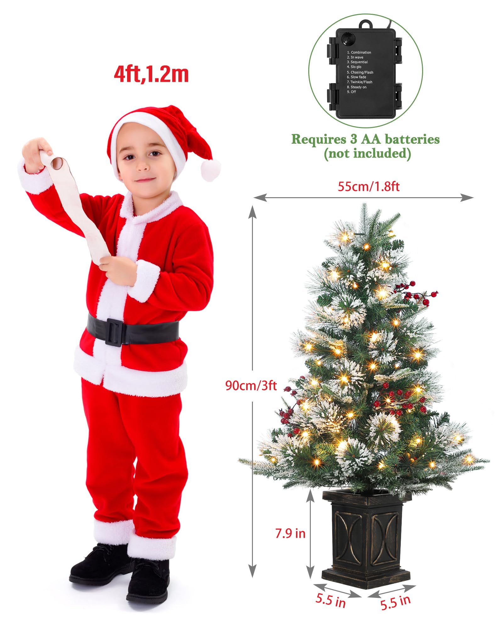 2PCS Weihnachtsbaum Künstlich 90 cm mit 78 Beleuchtung, Snow Flocked Künstlicher Weihnachtsbaum Batteriebetrieben Pre-lit Premium mit roten Beeren Weihnachten deko für Zuhause, Büro, Vintage Topfbasis