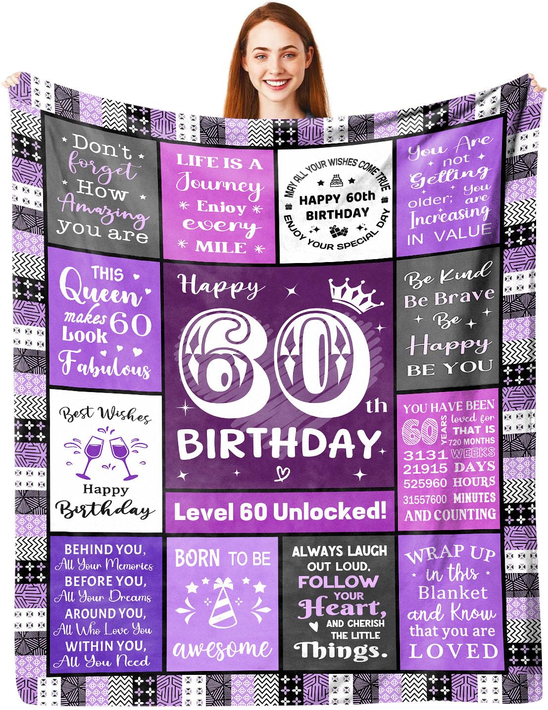 ACAATVE 60th Birthday Gifts for Women Blanket 150 x 130 cm | Purple Personalised 60 Year Old Birthday Decoration Flannel Throw Gift for Woman, Happy Turning 60 Presents for Her Born in 1965