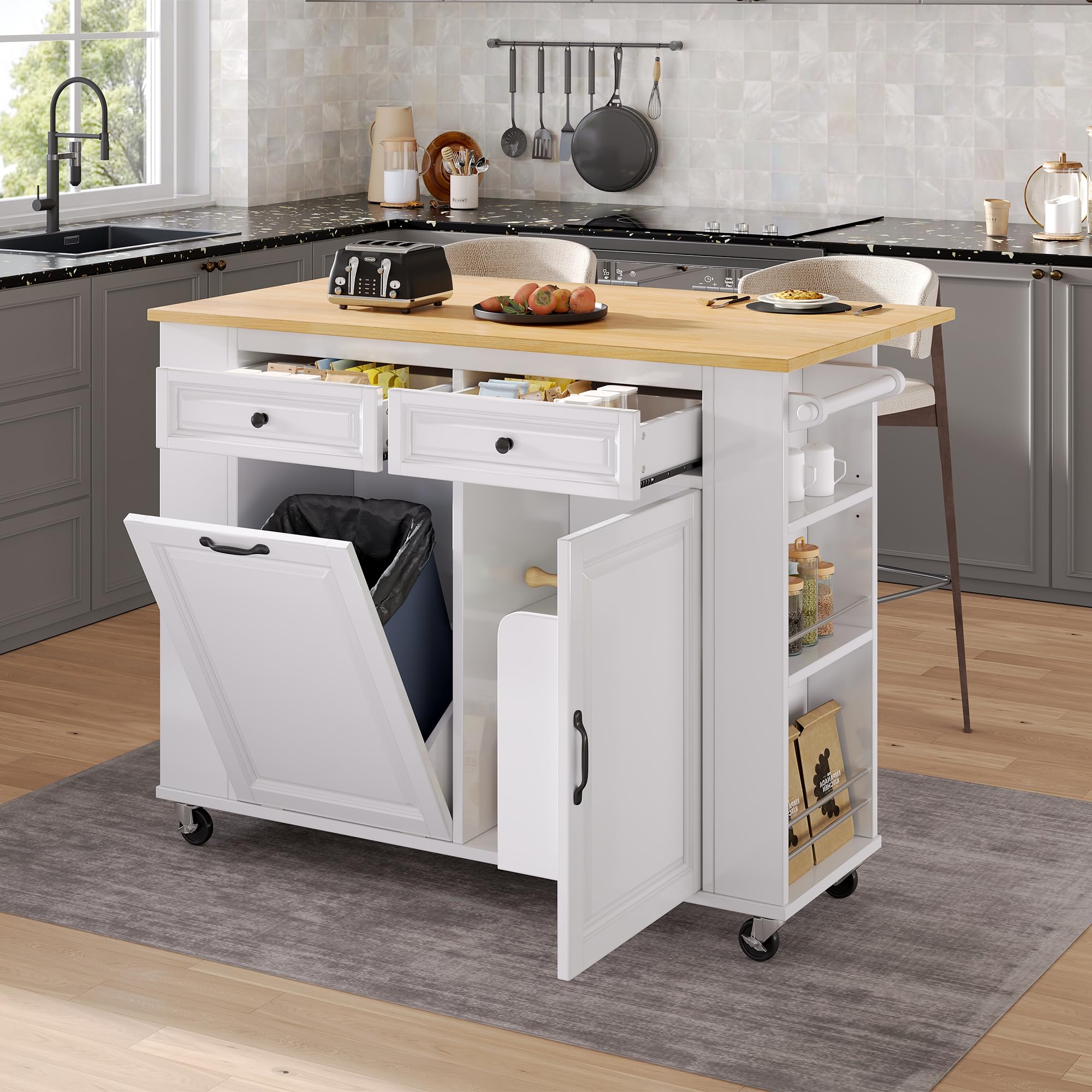 Isola da cucina su ruote, carrello da cucina con piano di lavoro pieghevole, tavolo da cucina con sistema di raccolta differenziata, ciabatte, ideale per cucina e sala da pranzo (bianco)