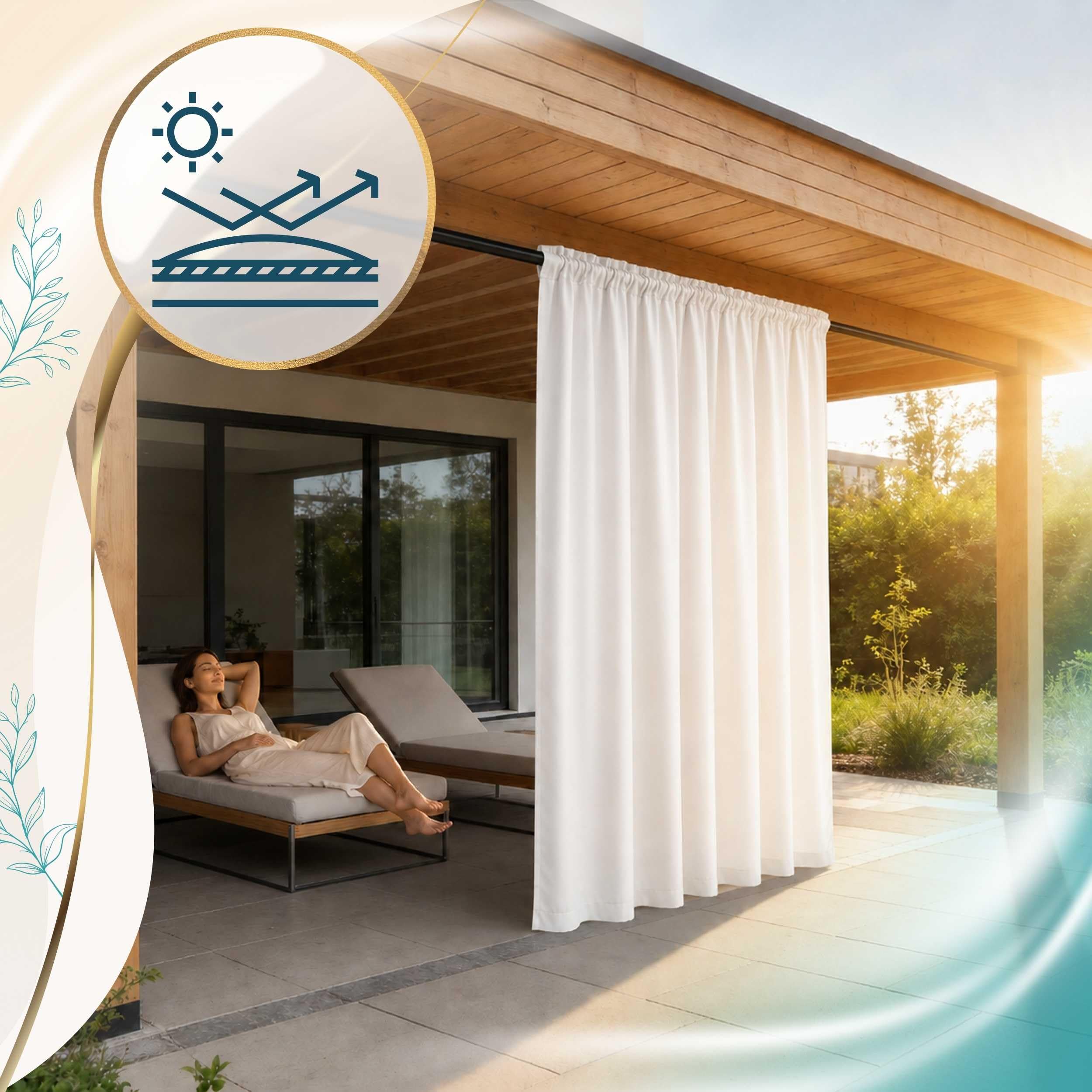 Outdoor Vorhang Weiß 155x180 cm wasserdicht Kräuselband | Polyester Oxford 500D wasserdicht · kompakte Höhe für Geländer & Balkon · Pergola, Pavillon, Carport · 14 Farben