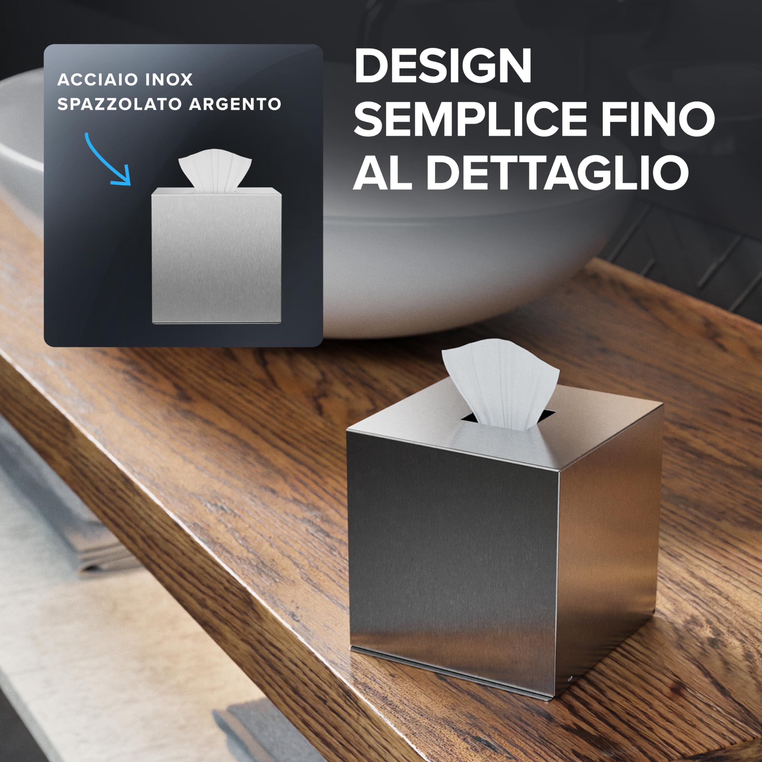 ovimar scatola quadrata per fazzoletti cosmetici Svitringen | acciaio inox | argento | dispenser per fazzoletti, asciugamani di carta o fazzoletti cosmetici | a forma di cubo per bagno, cucina