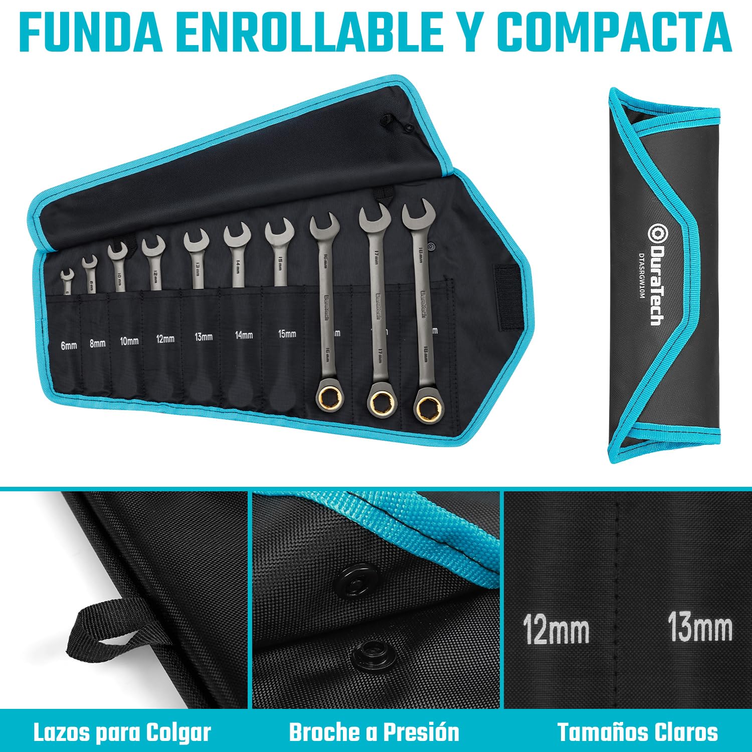 Duratech Juego de 10 llaves mixtas con trinquete antideslizantes, métricas 6-18 mm, 72 dientes, niqueladas, acero CR-V, con funda