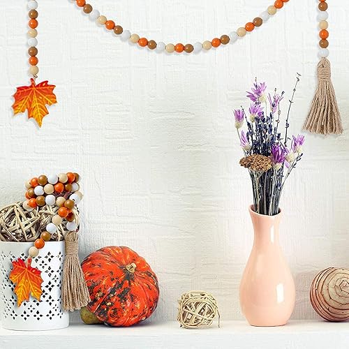 Miniatura 5 de 2 guirnaldas de cuentas de madera de Halloween, hojas de arce y calabaza, cuentas de oración de madera de otoño, guirnalda rústica para bandeja