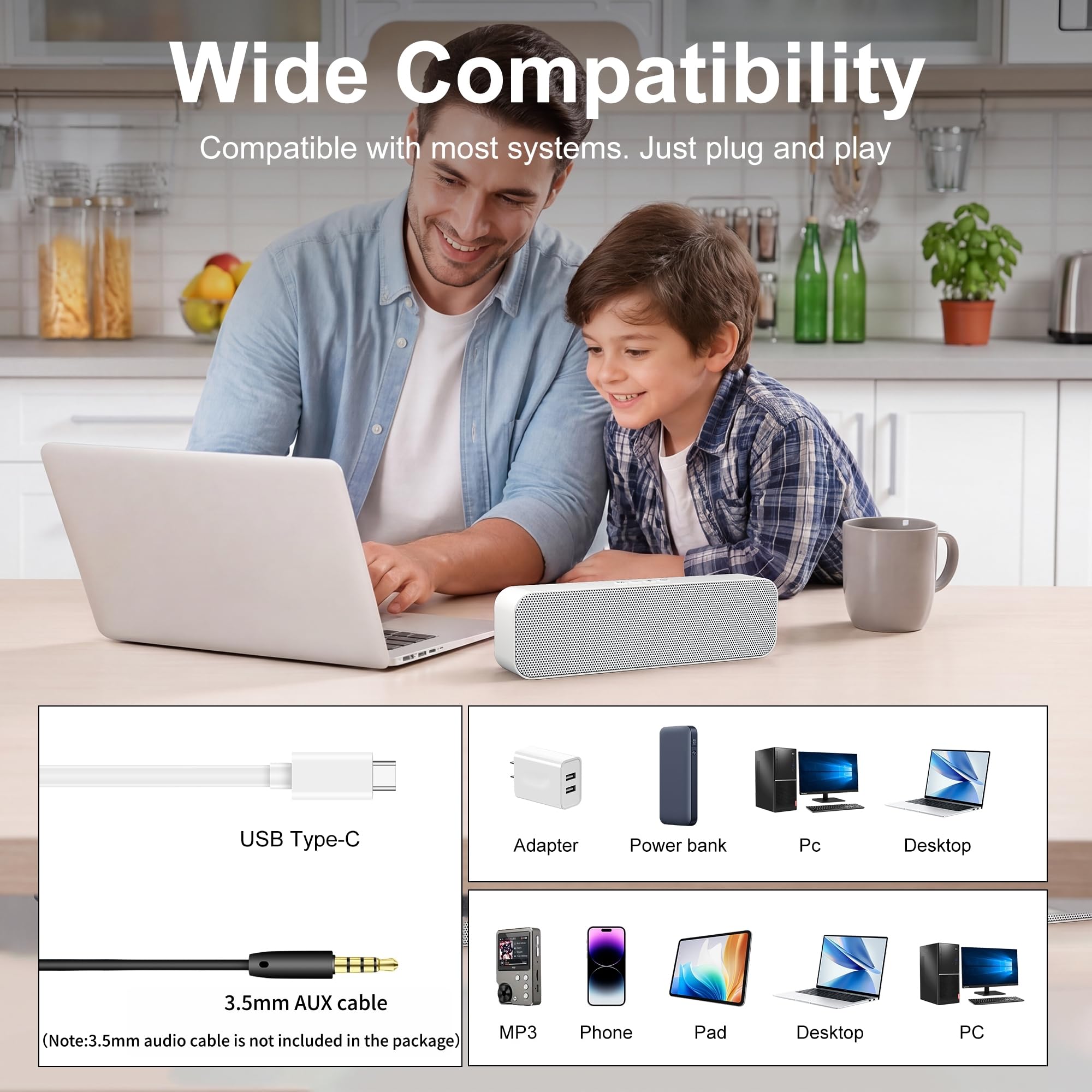 Haut-parleurs d'ordinateur pour PC de bureau, alimentés par USB et Plug and Play, avec entrée auxiliaire Bluetooth 5.3/3,5 mm, petite barre de son pour ordinateur portable avec stéréo