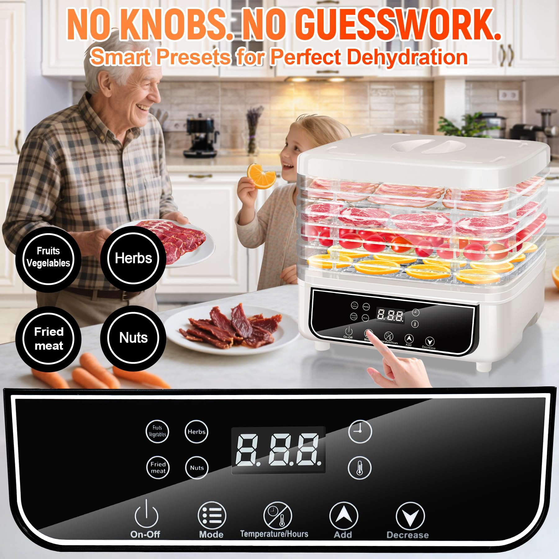 KingSom Dörrautomat, Dörrgerät mit 5 Einlegefächer, Lebensmittel Dörrgerät mit 72H-Timer, Temperaturregler 35-70°C,LED-Display mit 4 Lebensmittelmodi,Obsttrockner, Food Dehydrator für Früchte,BPA Frei