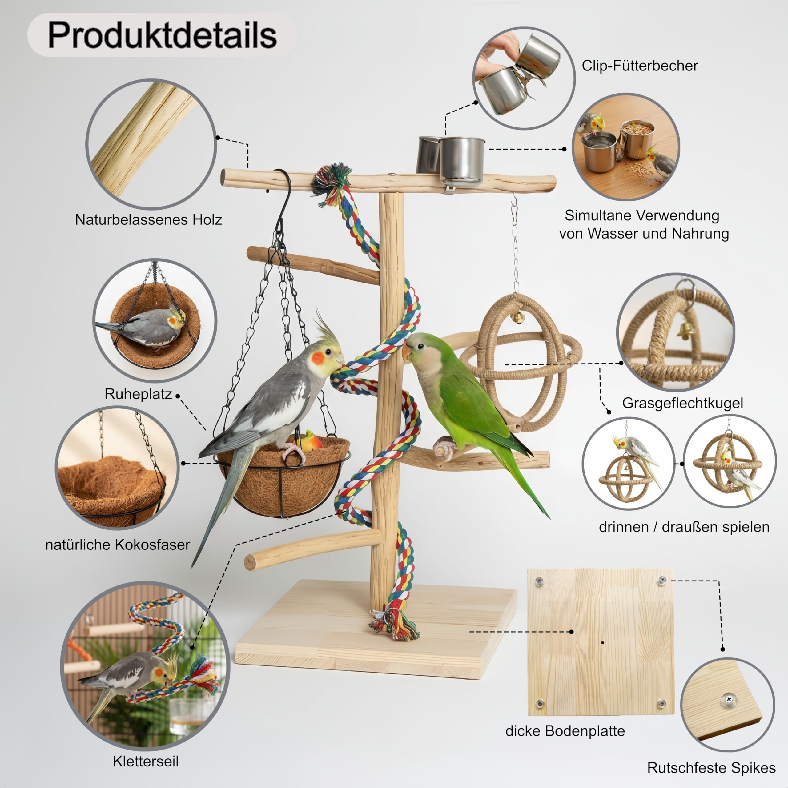 Vogel Sitzstangen, Vogelspielzeug, Naturholz-papageienständer mit Feeder-Cup, Schaukel, Nest, Papageien Vogelspielplatz und Ruhestation für mittelgroße Vögel, Nymphensittich, Mönchssittich, Großer Akt