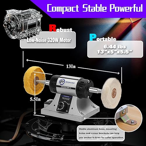 Miniatura 3 de Pulidor de joyas – Amoladora de banco ajustable de velocidad variable para pulir y pulir, pulidora dental y torno – Incluye 6 ruedas de tela, 2