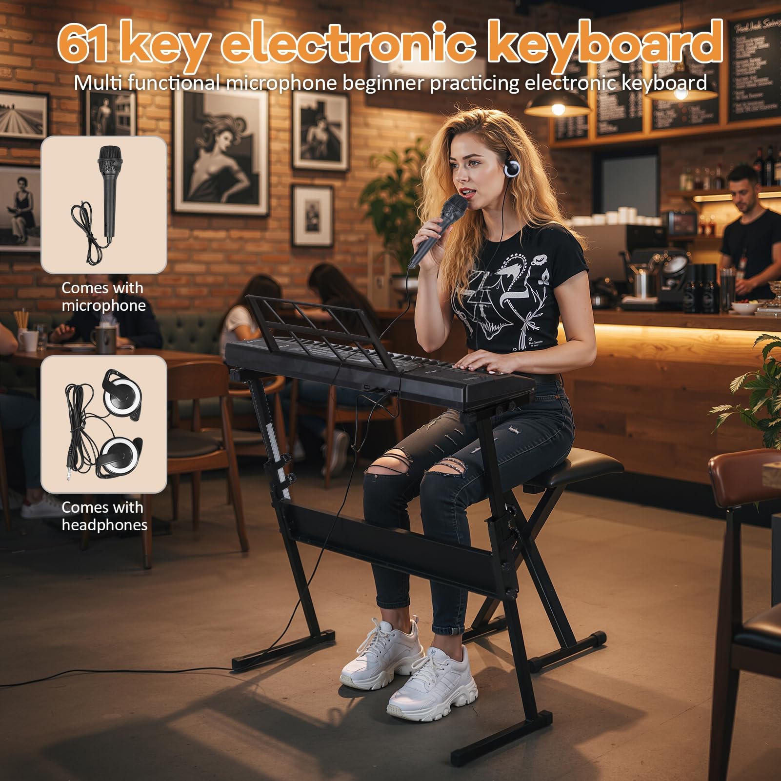 Elektrisches Keyboard 61 Tasten, Keyboard Piano mit Mikrofon Lautsprecher und Notenständer, Anfänger Digitalpiano mit Leuchttasten, 300 Klangfarben und Rhythmen Schwarz EU