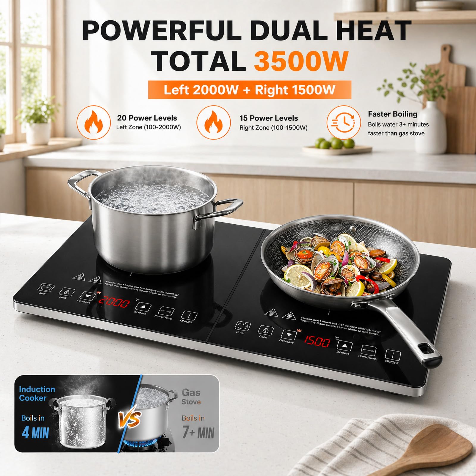 AMZCHEF Plaque Induction 2 Feux, Table de Cuisson 3500 W, 20 Niveaux de Température, Minuterie 3 Heures