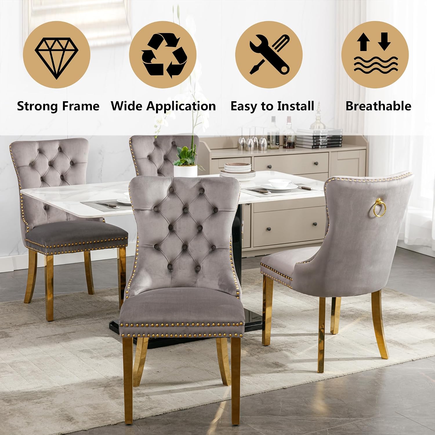 Velvet Dining Chairs Set of 4, Tufted Nailhead Accent Dining Room Chairs with Pull Ring Gold Stainless Steel Legs, Upholstered Wingback Armless Kitchen Side Chairs for Living Room, Gray