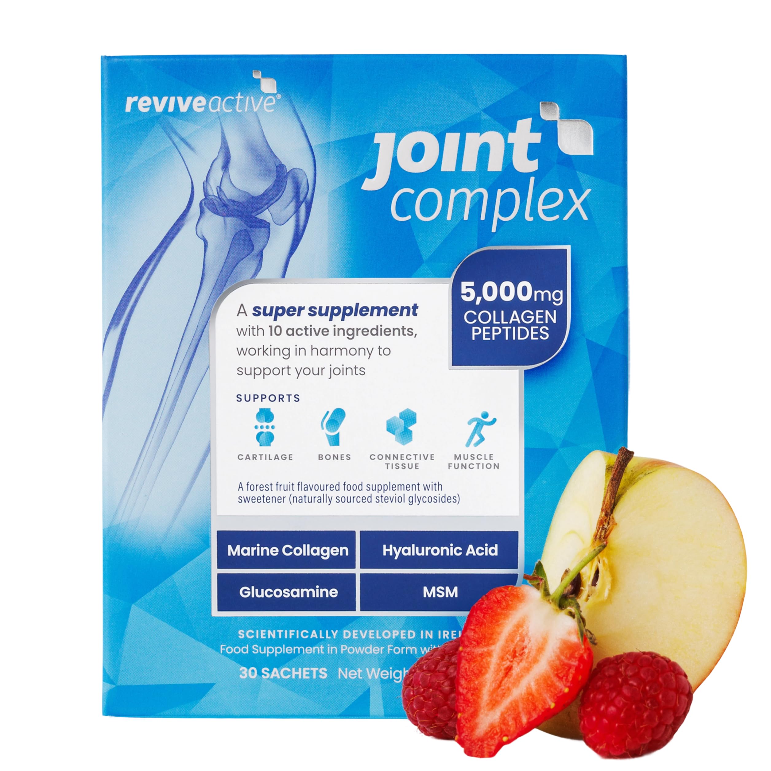 Joint Complex par Revive Active - 1 sachet/jour - Soutient articulations, cartilage, os et muscles - Avec collagène marin, acide hyaluronique, glucosamine - Cure de 30 jours