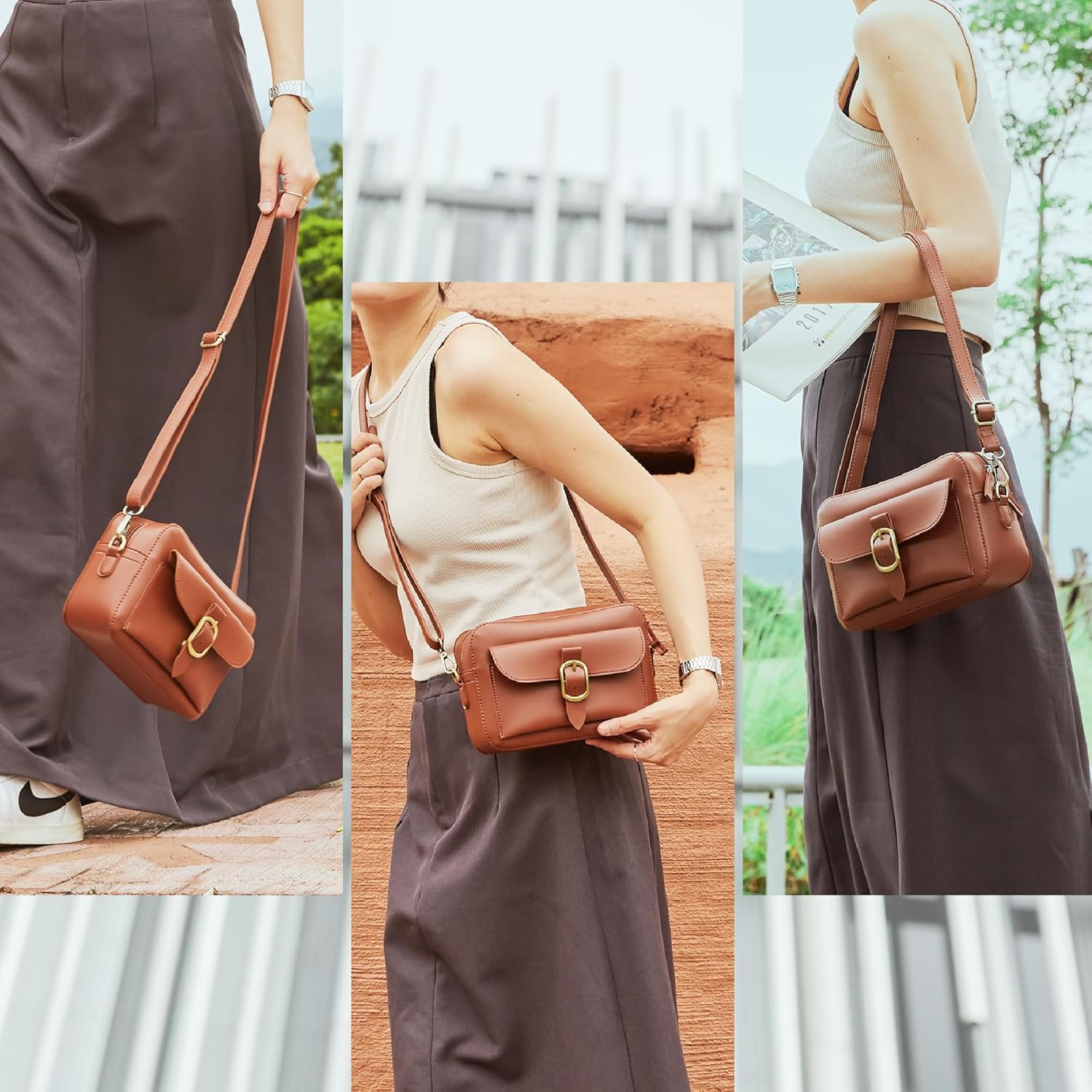 SUNLIGHT LEAVES Vegan Leather Crossbody Camera Bag For Women Vintage Square Satchel Retro Small Purse Simple Shoulder Handbag | Vegan Leather, Vintage, Square, Retro, Small, Purse