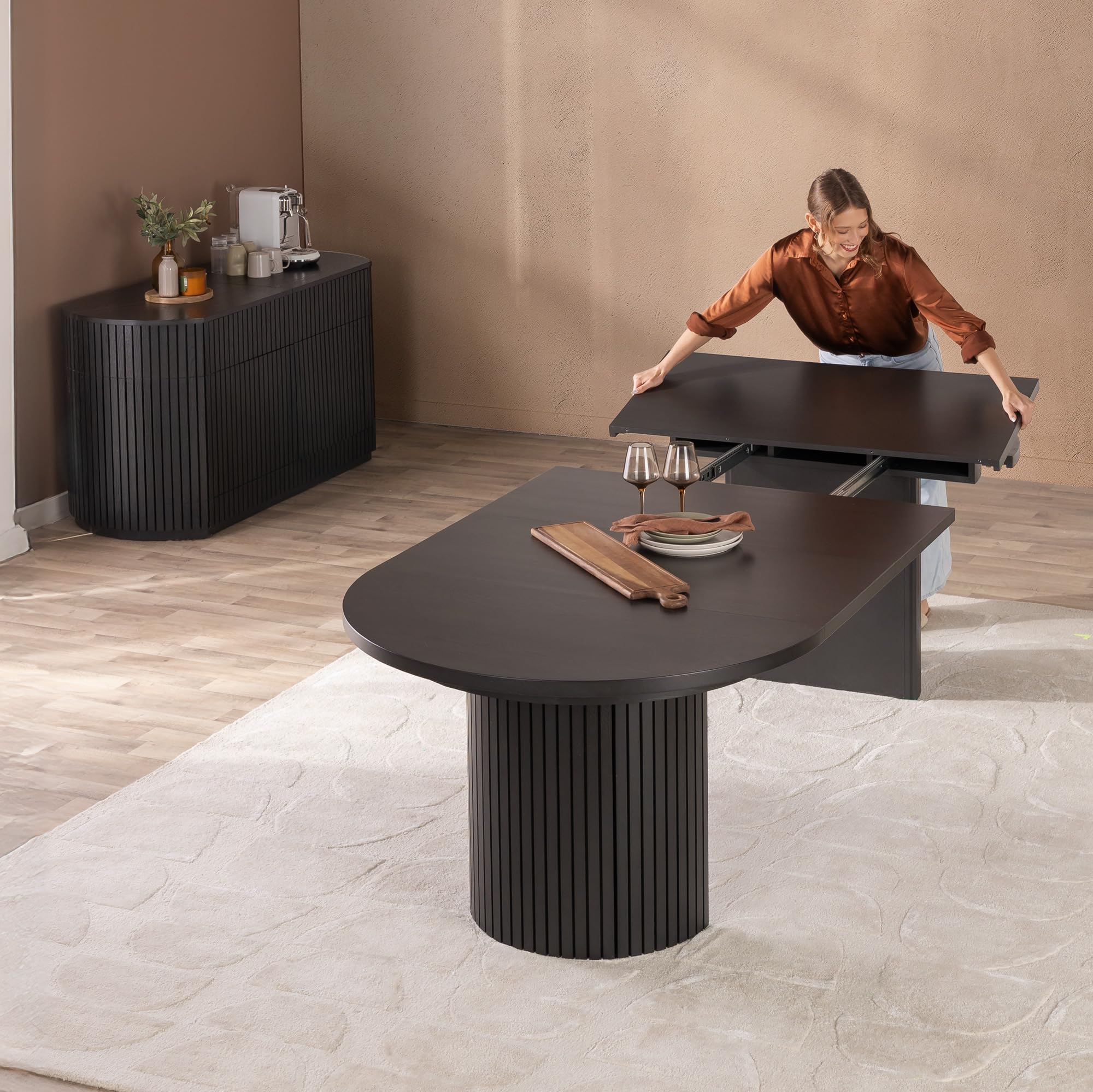 Transformer Round Extendable Dining Table Set – Solid Wood Table with Sideboard for Panel Storage, Expandable Kitchen & Dining Room Furniture (Black, Table + Sideboard Panels Storage)
