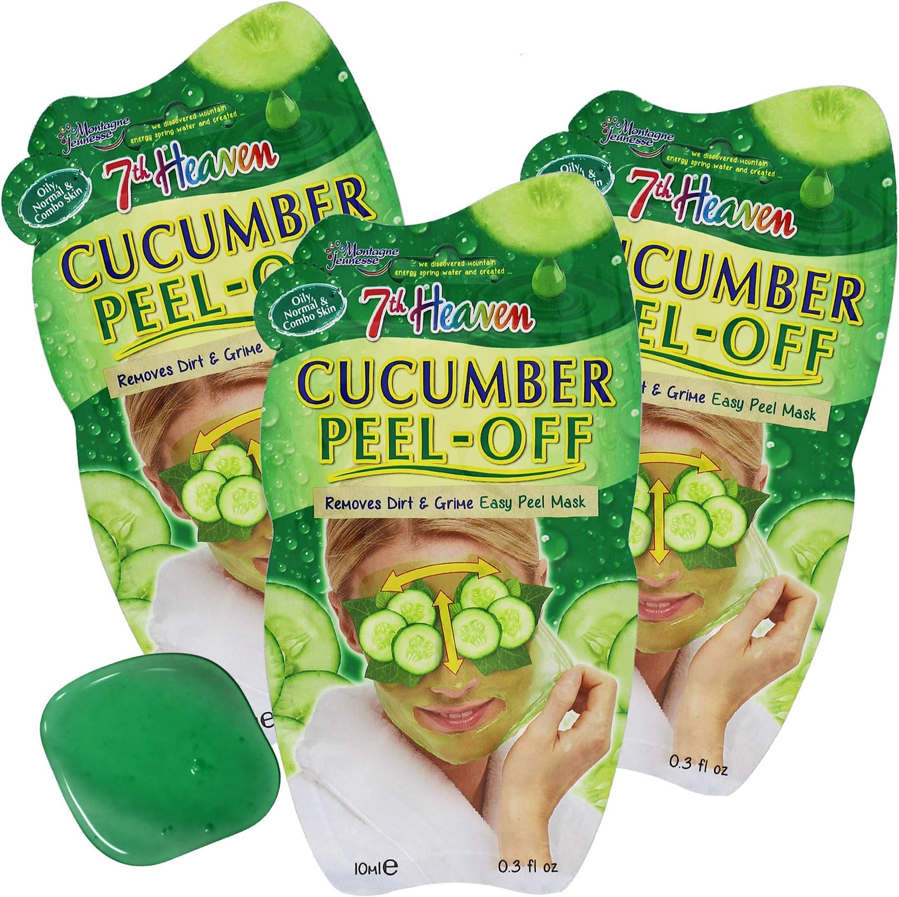 7th Heaven Cucumber Mask, Easy Peel-Off Mask with Cucumber, Lime Juice and Jasmine, Detoxifying Mask, Pore Detox, Oily, Normal and Combo Skin, 3-Pack of 0.3 FL Oz, 3 Sachets