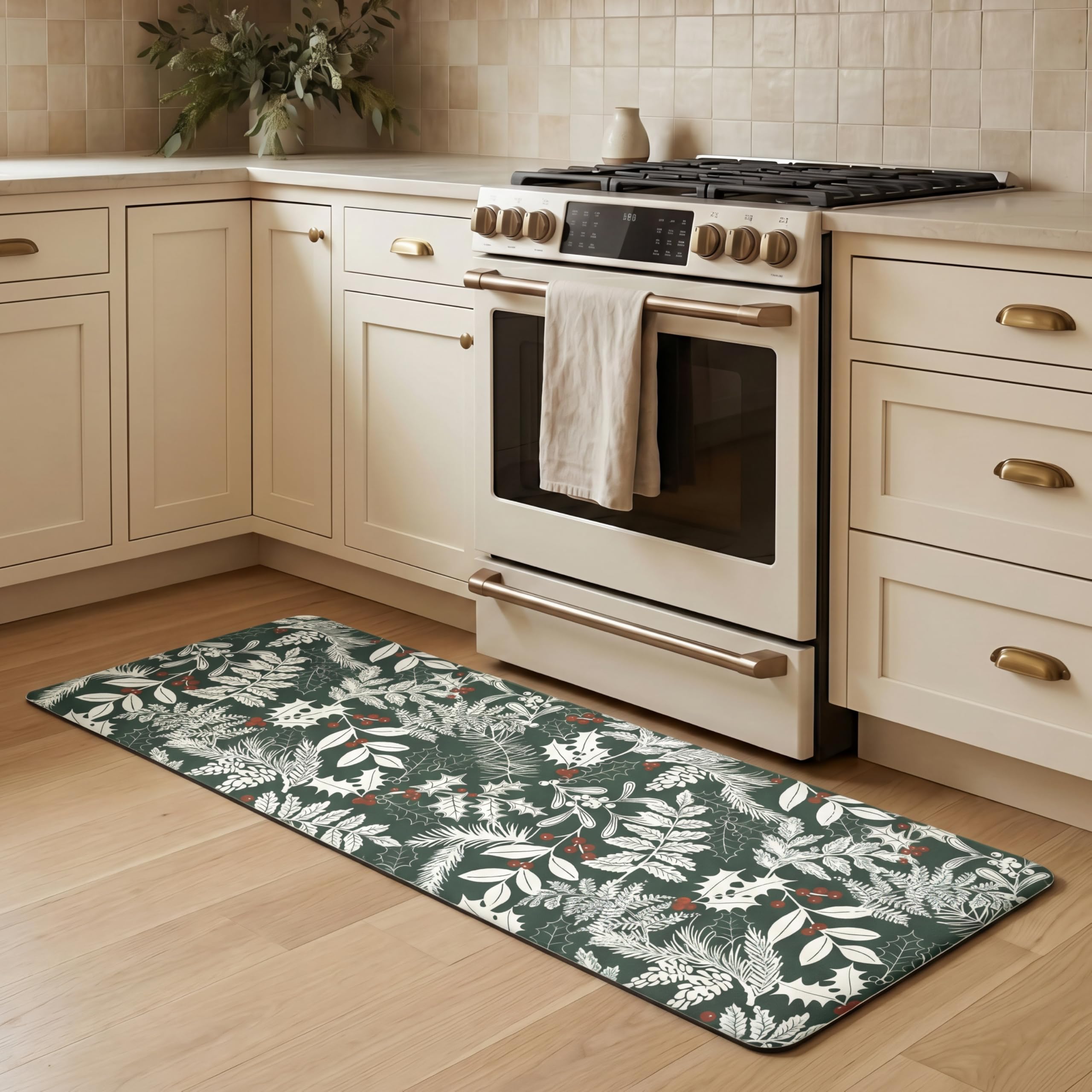 Laura Ashley Christmas Holly Leaves Anti Fatigue Kitchen Mat, Non Slip Cushioned Comfort Floor Mat, 17.5"x48", Green