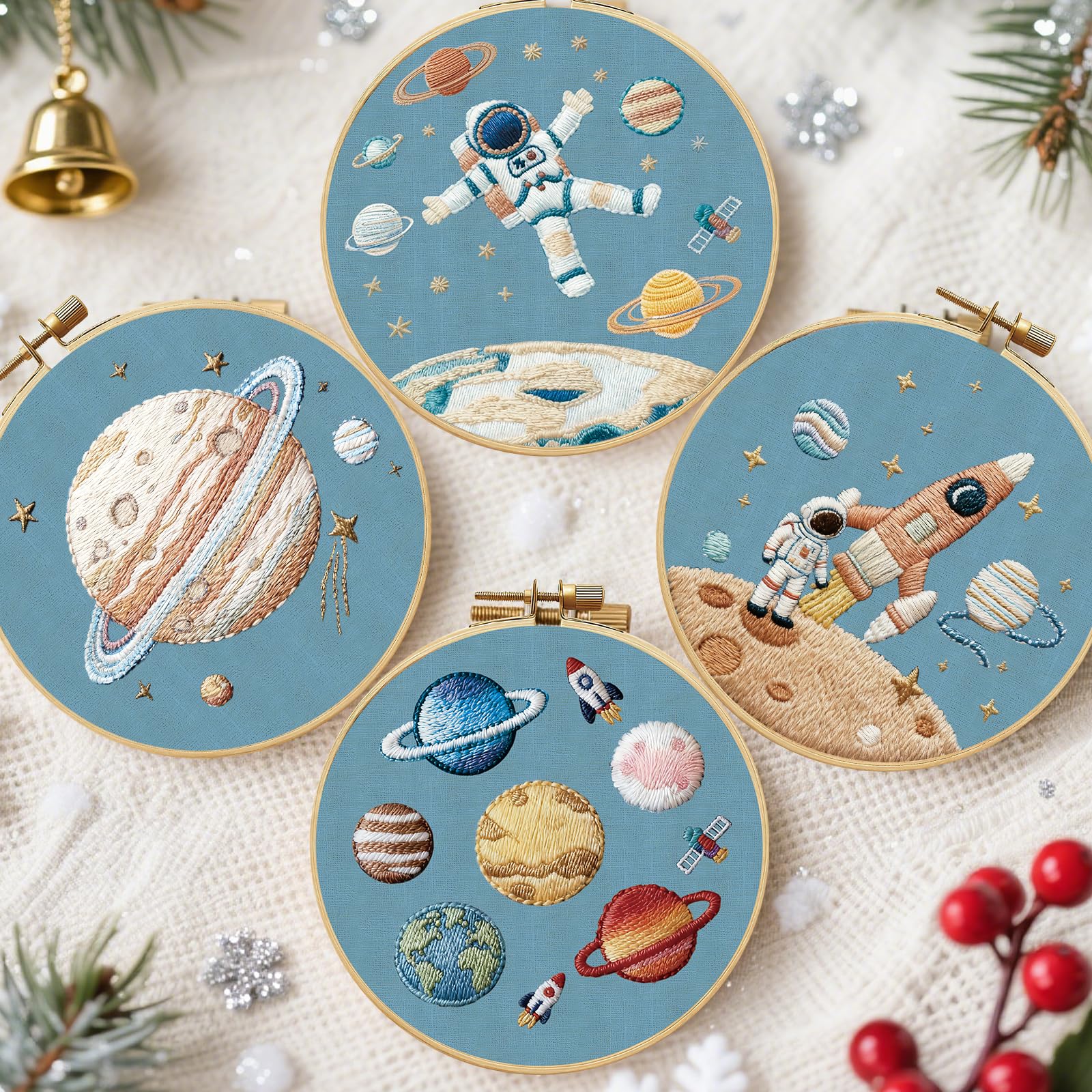 FREEBLOSS 4 Stickset Für Anfänger Und Erwachsene Mit Astronautenmotiv Inklusive Anleitung 11.6"/29.5cm Sticknadeln Zubehör Und Stickmaterialien. 4 Reifen