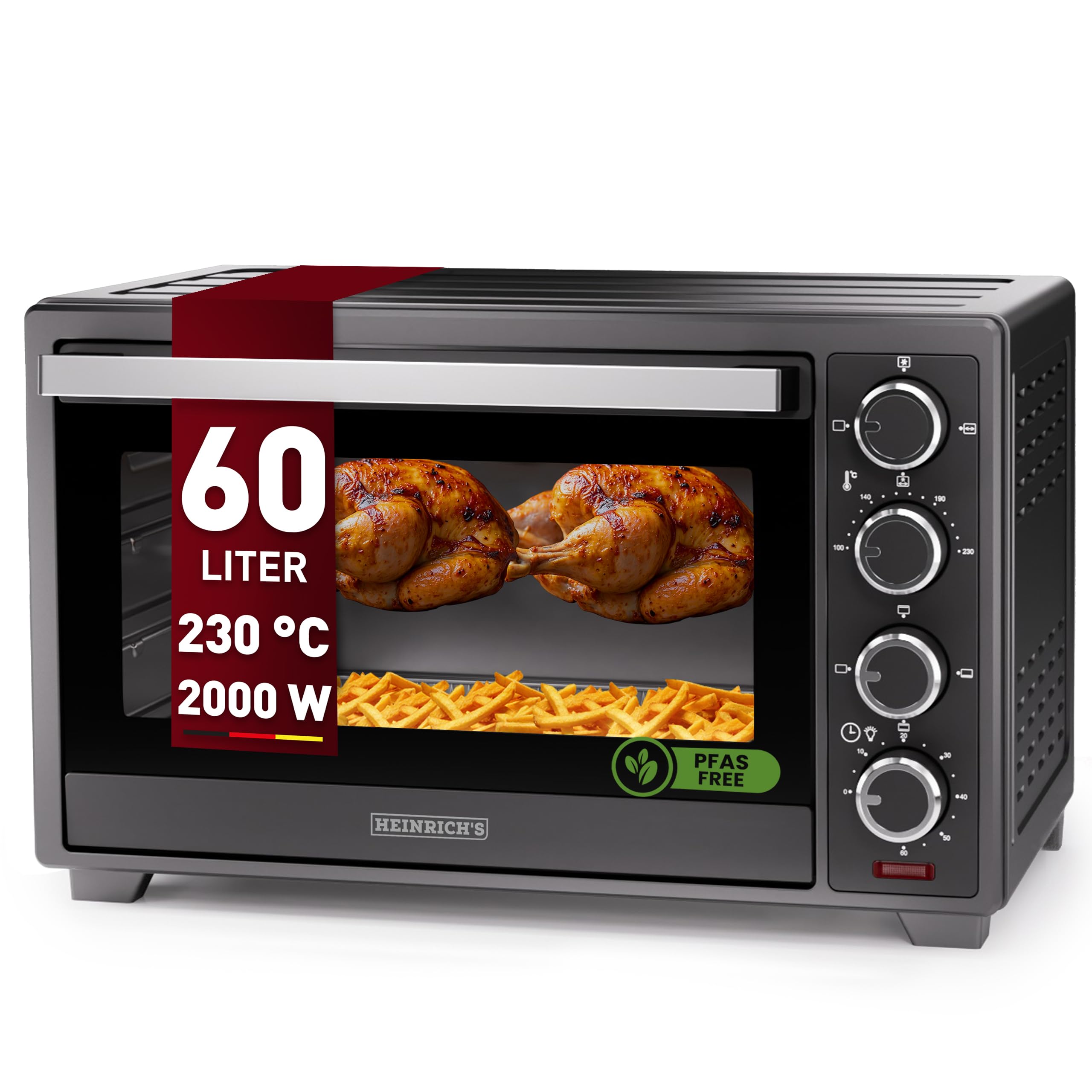 Heinrich´s Minibackofen mit Umluft 60L - Backofen klein mit Drehspieß, Airfryer-Einsatz inkl. Timer, Innenraumbeleuchtung, 100-230 °C, mit großem Sichtfenster, inkl. Zubehör, schwarz, 2000W