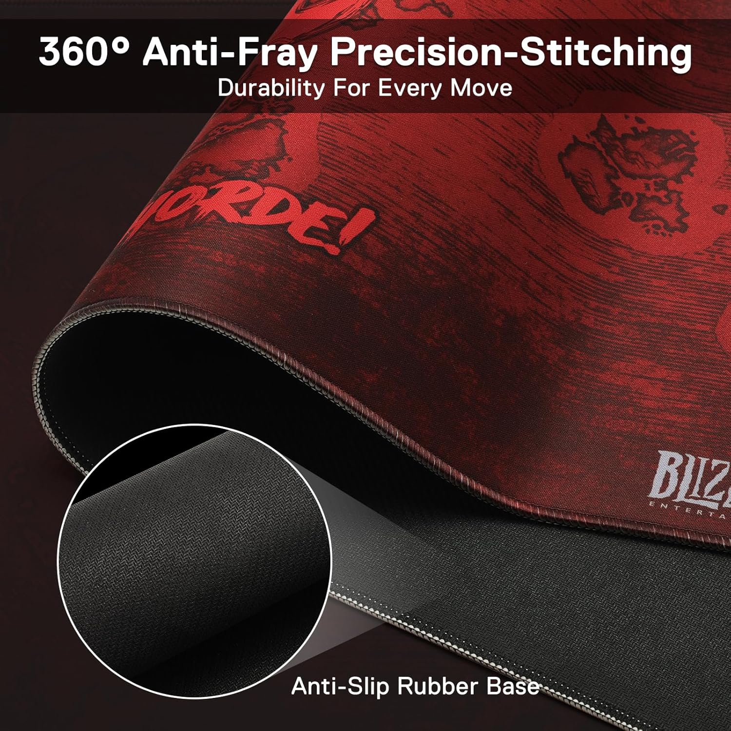 Blizzard Gaming Mouse Pad, XXL Desktop Keyboard Mat, Wow Themed Symbol, Cloth Cover with Stitched Edge, Smooth Tracking & Stability, Never-Slip Rubber, 31.5x11.8x1.2 in (Red)