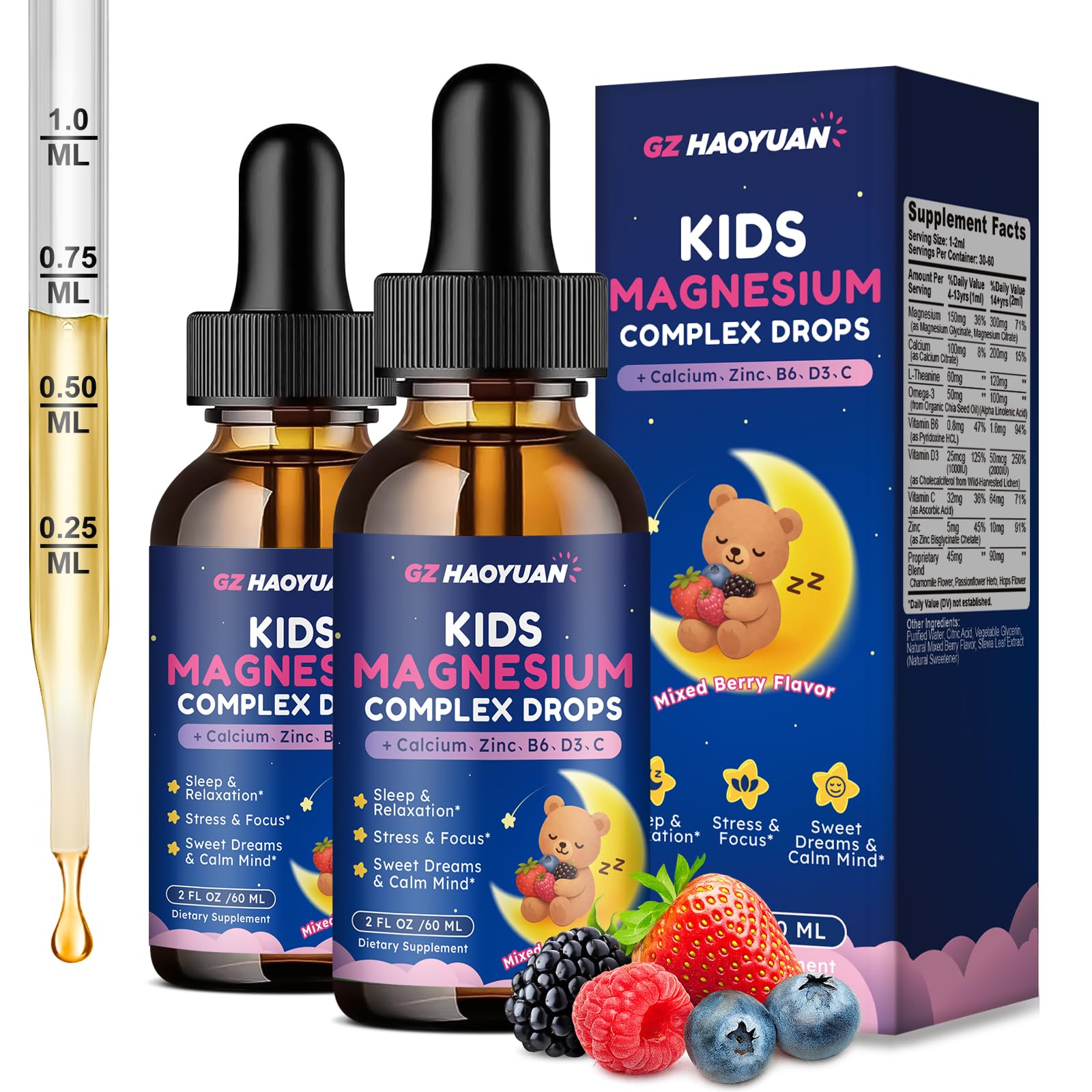 Kids Magnesium Liquid Drops - Magnesium Glycinate Drops for Kids, Citrate Liquid with Calcium, Omega-3, L-theanine, Zinc,Vitamin B6 D3 C for Sleep,Relaxation,Calm & Focus,Mixed Berry Flavor,4 Fl Oz Mixed Berry 2 Fl Oz (Pack of 2)