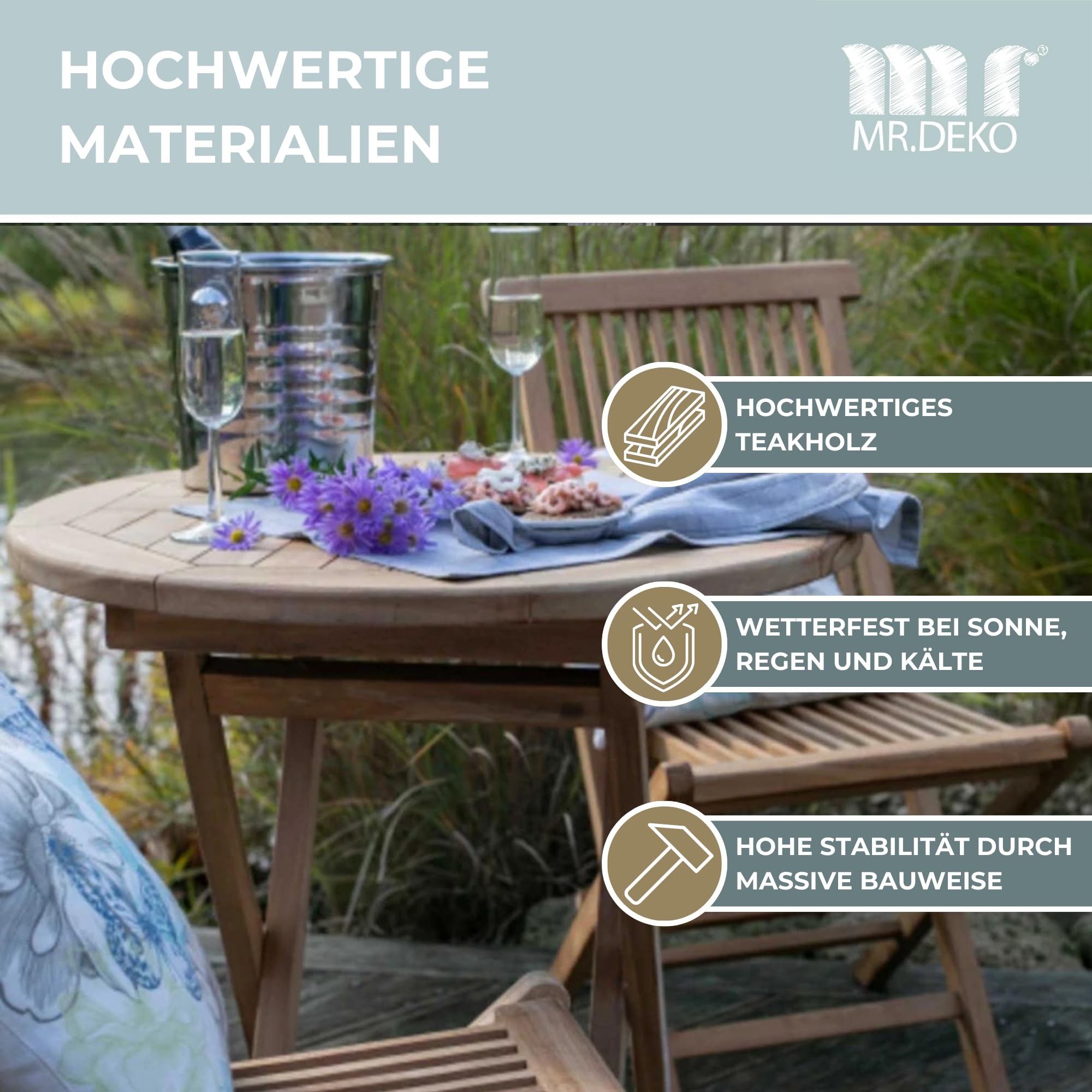MR.DEKO Balkontisch klappbar Sutton Klapptisch Balkon Gartentisch rund | 70x70cm wetterfestes Teakholz
