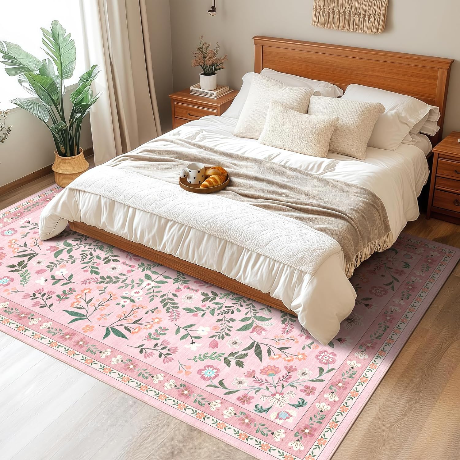Pink 5x8 Floral Rug Washable Area Rug, Non-Slip Living Room Carpet Rugs for Bedroom Low Pile Faux-Wool Stain Resistant Machine Washable for Dining Room Kids Playroom Office Decor Indoor