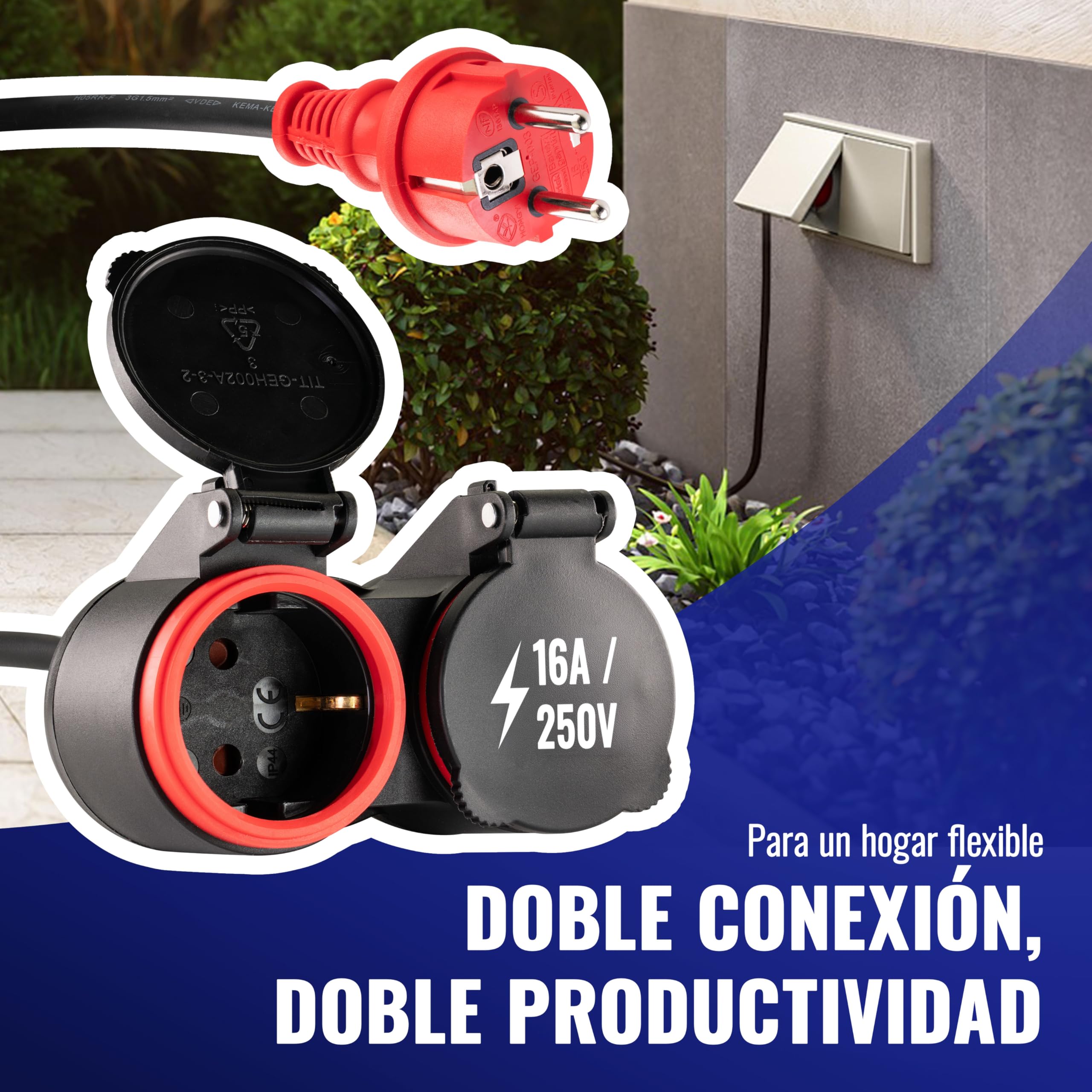 Poppstar Alargador Exterior 3 m (2 Tomas Schuko, IP44, 16A/3680W, H05RR-F 3G1.5), Negro/Rojo