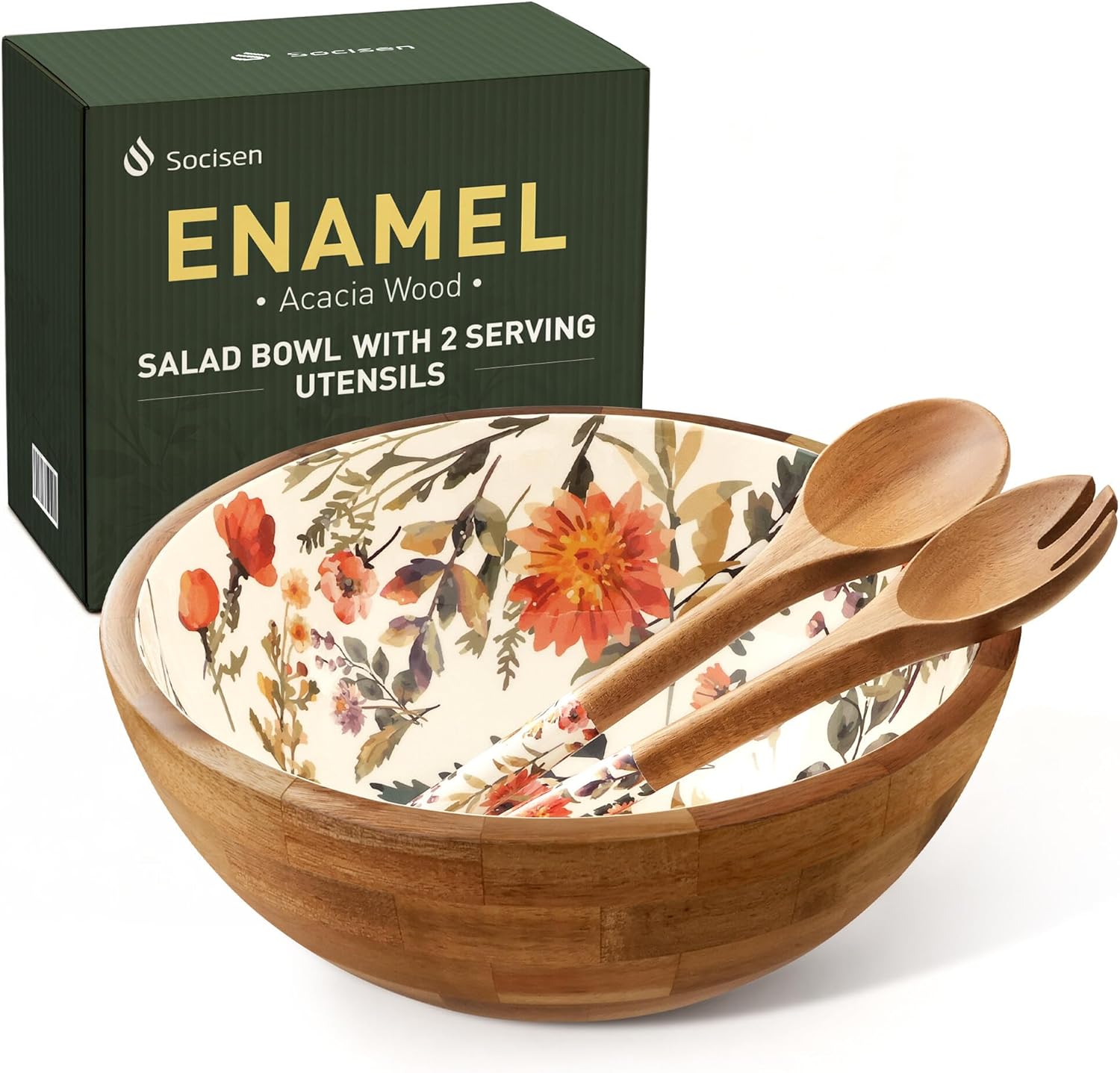 Greenual Salad Bowls Wooden Salad Bowl Set Large Bowls for Serving, Handmade with Serving Utensils Brown