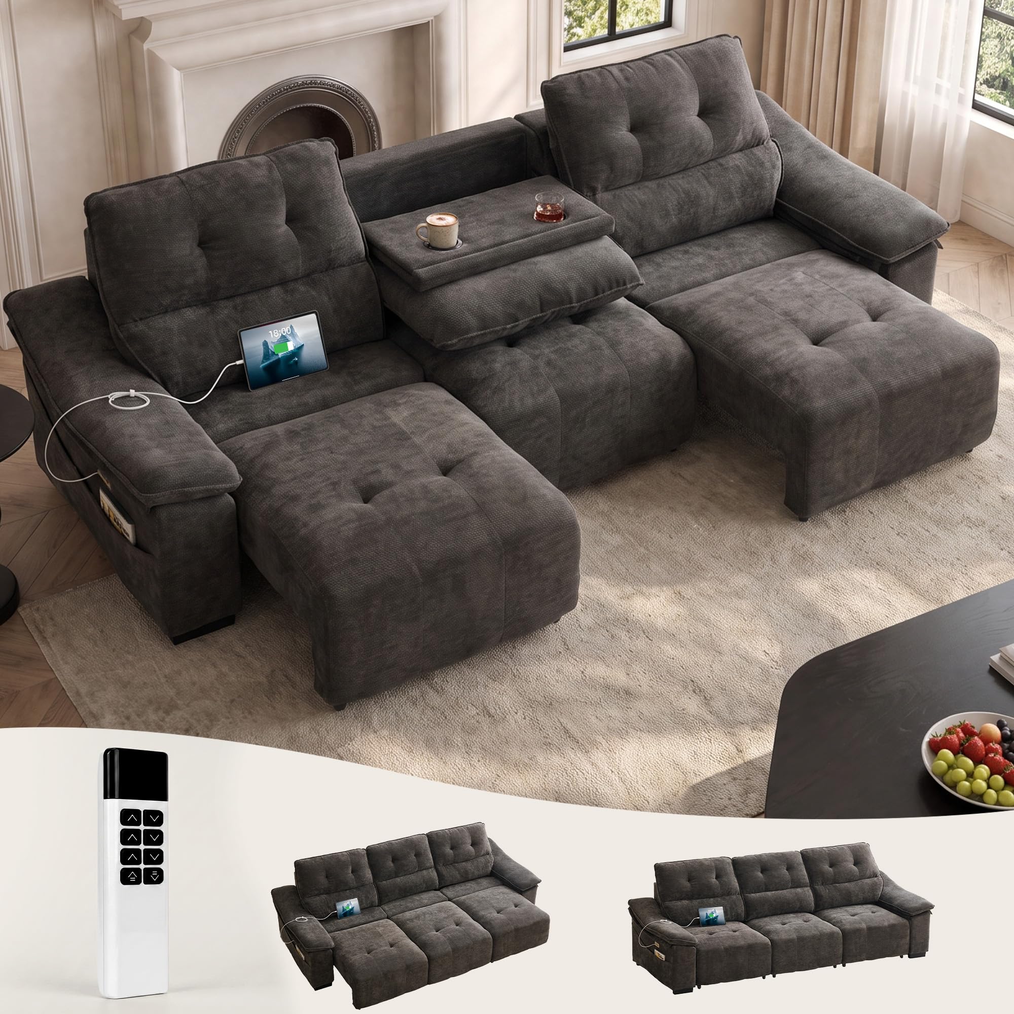 110” Electric Extendable Couch, Home Theater Seating, Reclining Sofa Bed