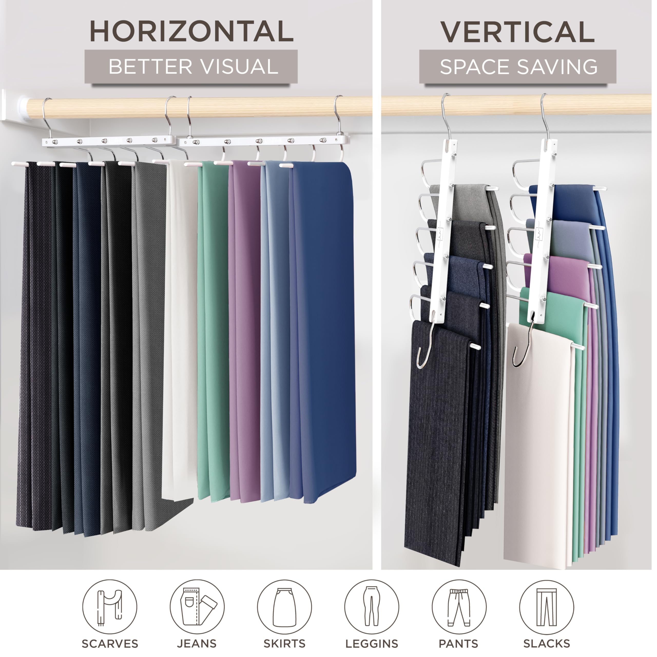Grucce per pantaloni a 9 ripiani, salvaspazio, 2 pezzi, pieghevoli, antiscivolo, multifunzione, con ganci per pantaloni, sciarpe, jeans (nero con 10 clip